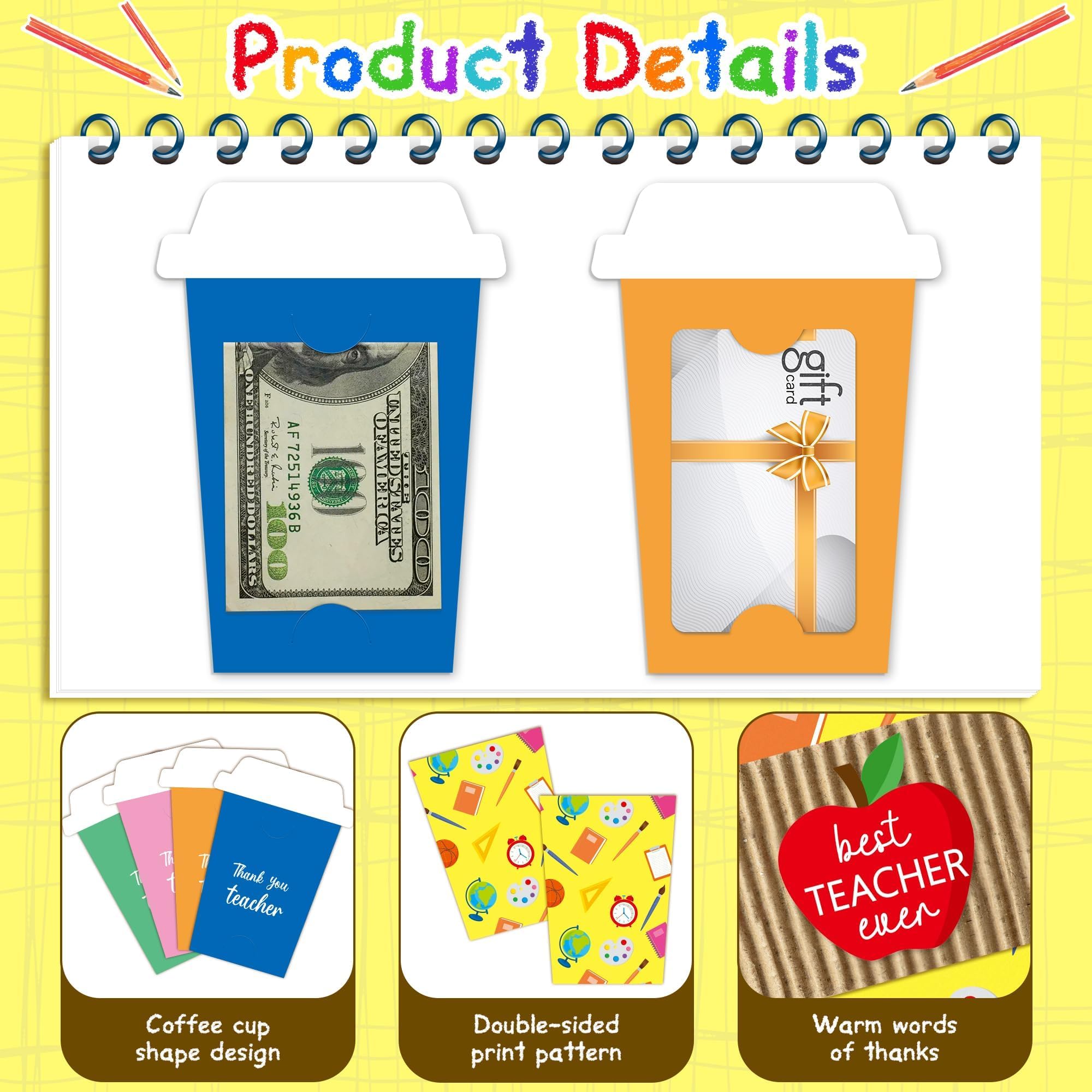 ANGOLIO 12 Teacher Appreciation Coffee Gift Card Holders, Practical Teachers's Day Cup Envelopes are well-made for a Note Cash, Unique Thank You Greeting Cards for Educators Graduations Back to School - Image 3