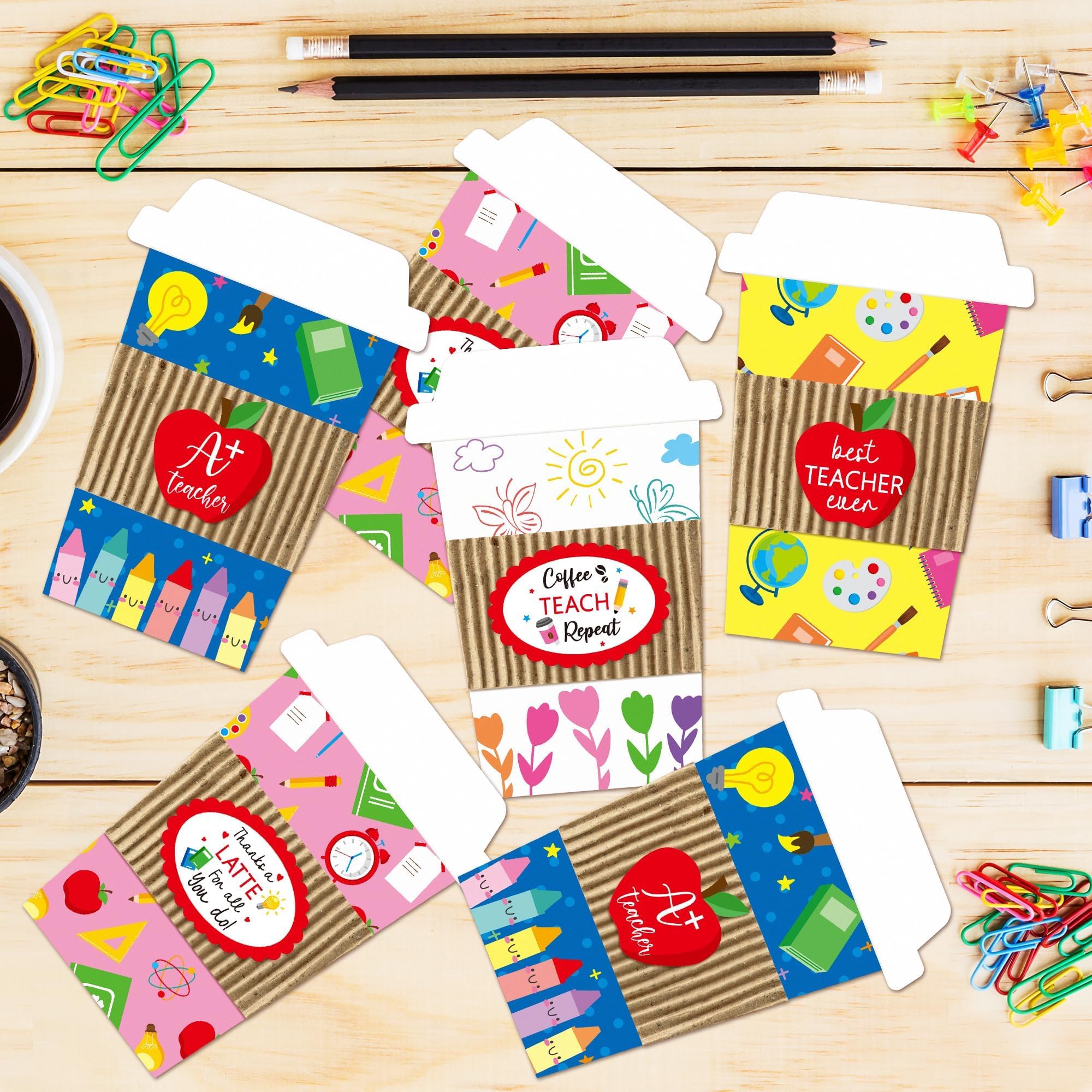ANGOLIO 12 Teacher Appreciation Coffee Gift Card Holders, Practical Teachers's Day Cup Envelopes are well-made for a Note Cash, Unique Thank You Greeting Cards for Educators Graduations Back to School - Image 6