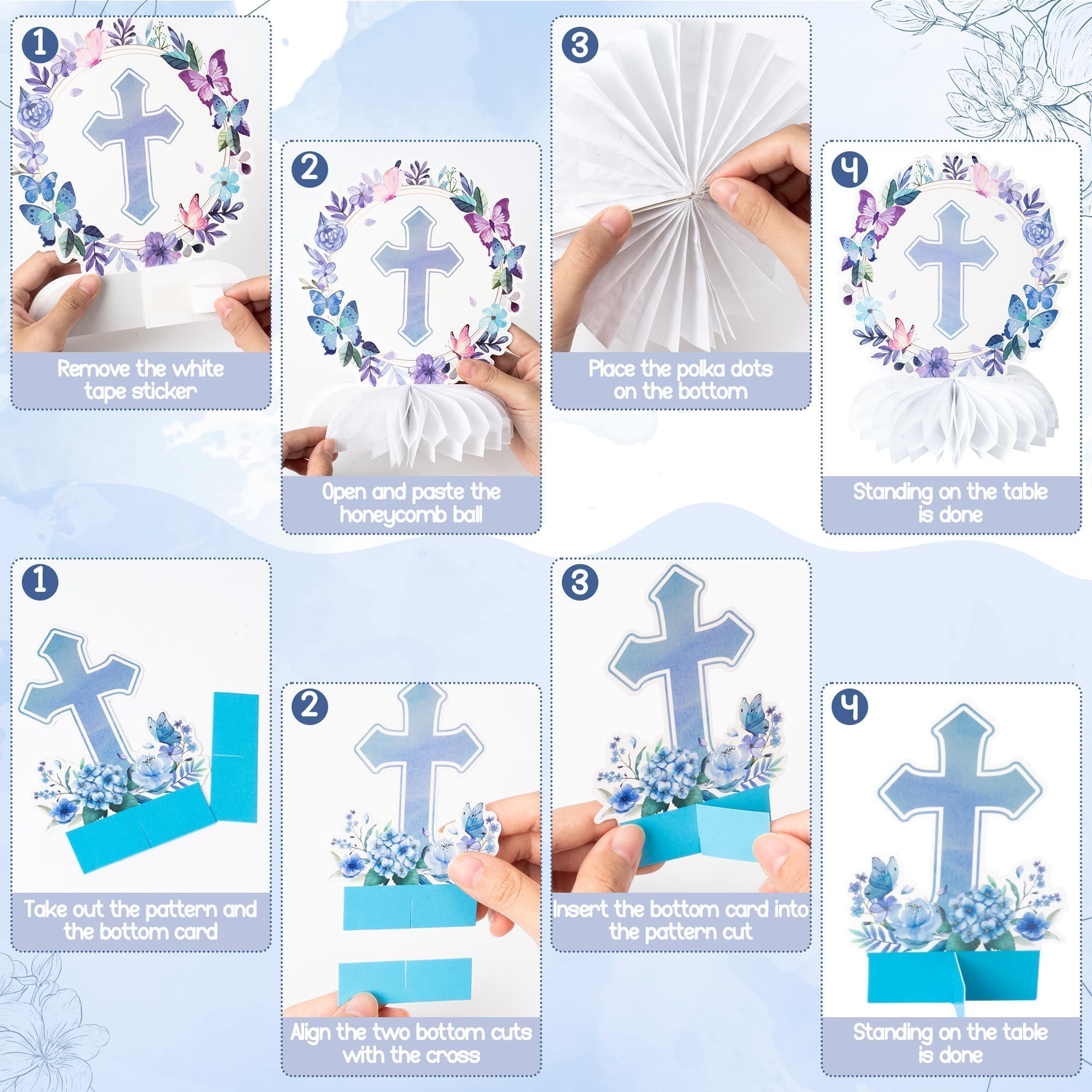 ANGOLIO 12Pcs Baptism Honeycomb Centerpieces Birthday Party Decor, Summer Blue Purple God Bless Cross Religious Baptism Table Centerpieces for Baby Shower First Communion Gender Neutral Decorations - Image 3