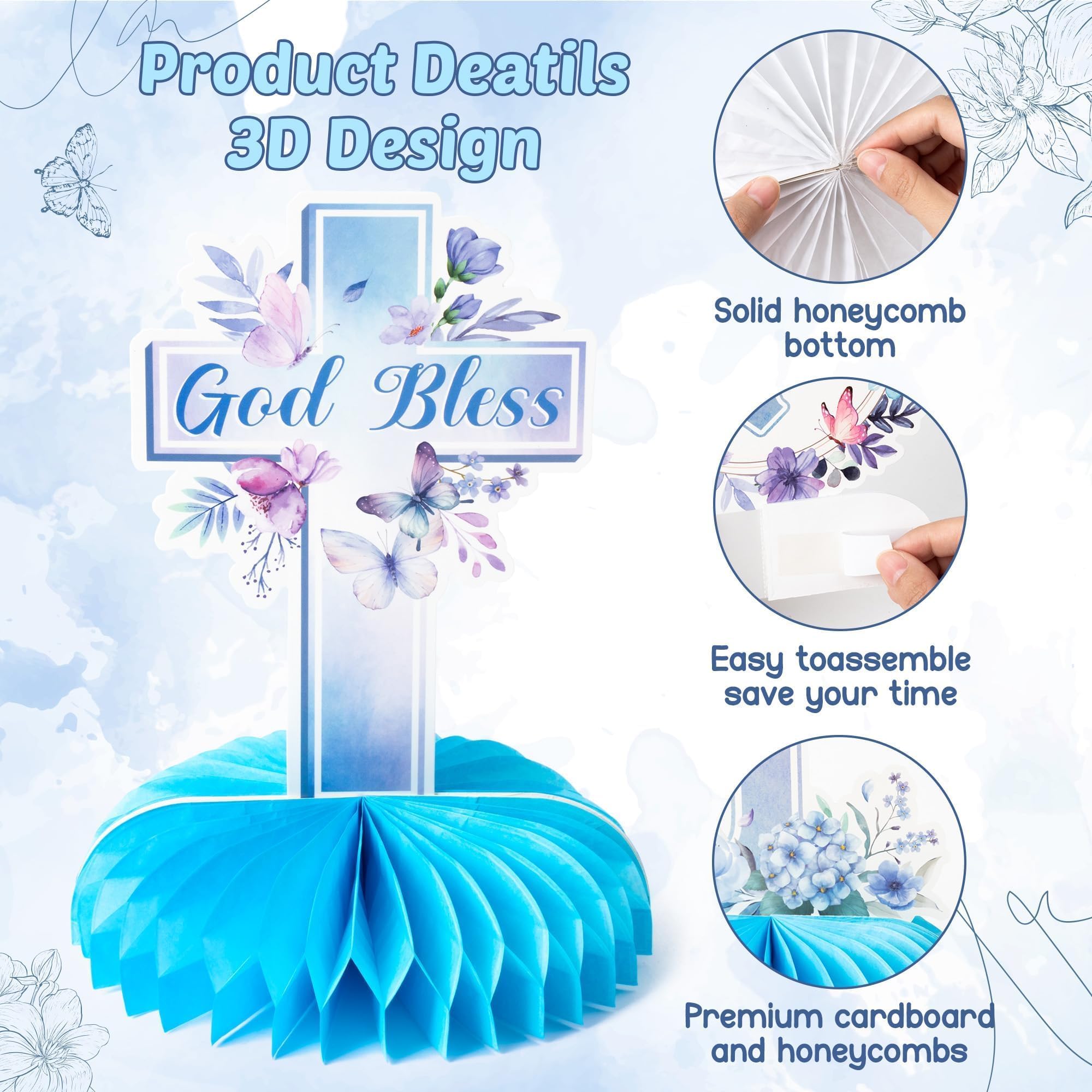 ANGOLIO 12Pcs Baptism Honeycomb Centerpieces Birthday Party Decor, Summer Blue Purple God Bless Cross Religious Baptism Table Centerpieces for Baby Shower First Communion Gender Neutral Decorations - Image 4