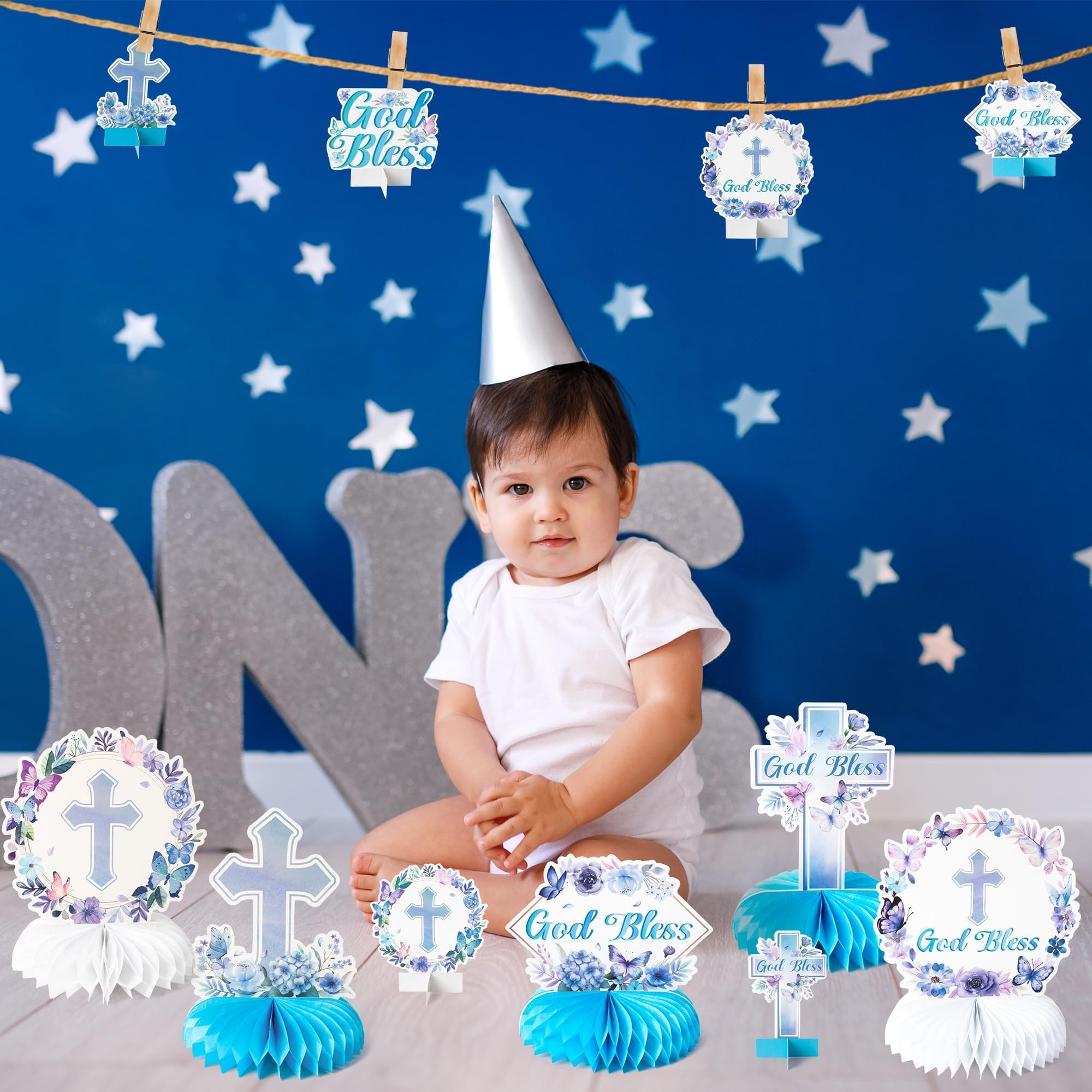ANGOLIO 12Pcs Baptism Honeycomb Centerpieces Birthday Party Decor, Summer Blue Purple God Bless Cross Religious Baptism Table Centerpieces for Baby Shower First Communion Gender Neutral Decorations - Image 5