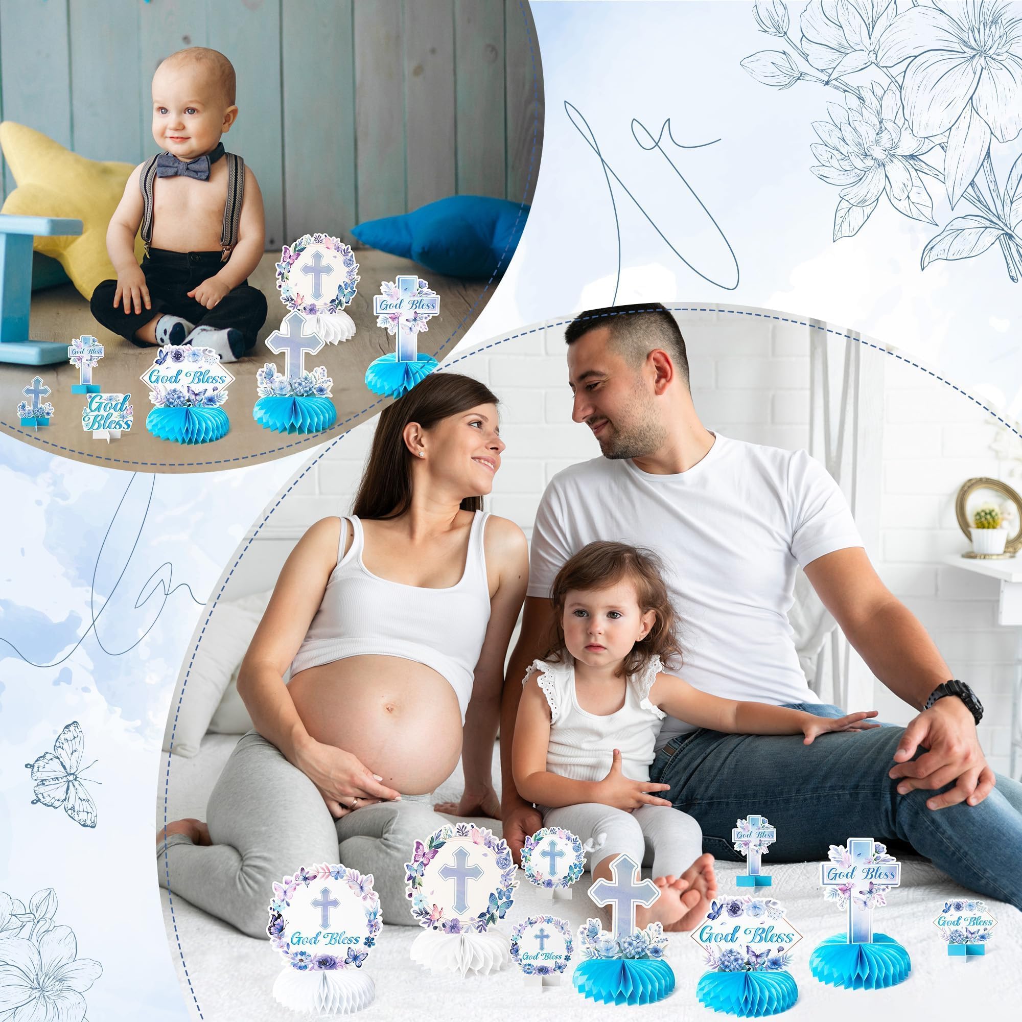 ANGOLIO 12Pcs Baptism Honeycomb Centerpieces Birthday Party Decor, Summer Blue Purple God Bless Cross Religious Baptism Table Centerpieces for Baby Shower First Communion Gender Neutral Decorations - Image 6