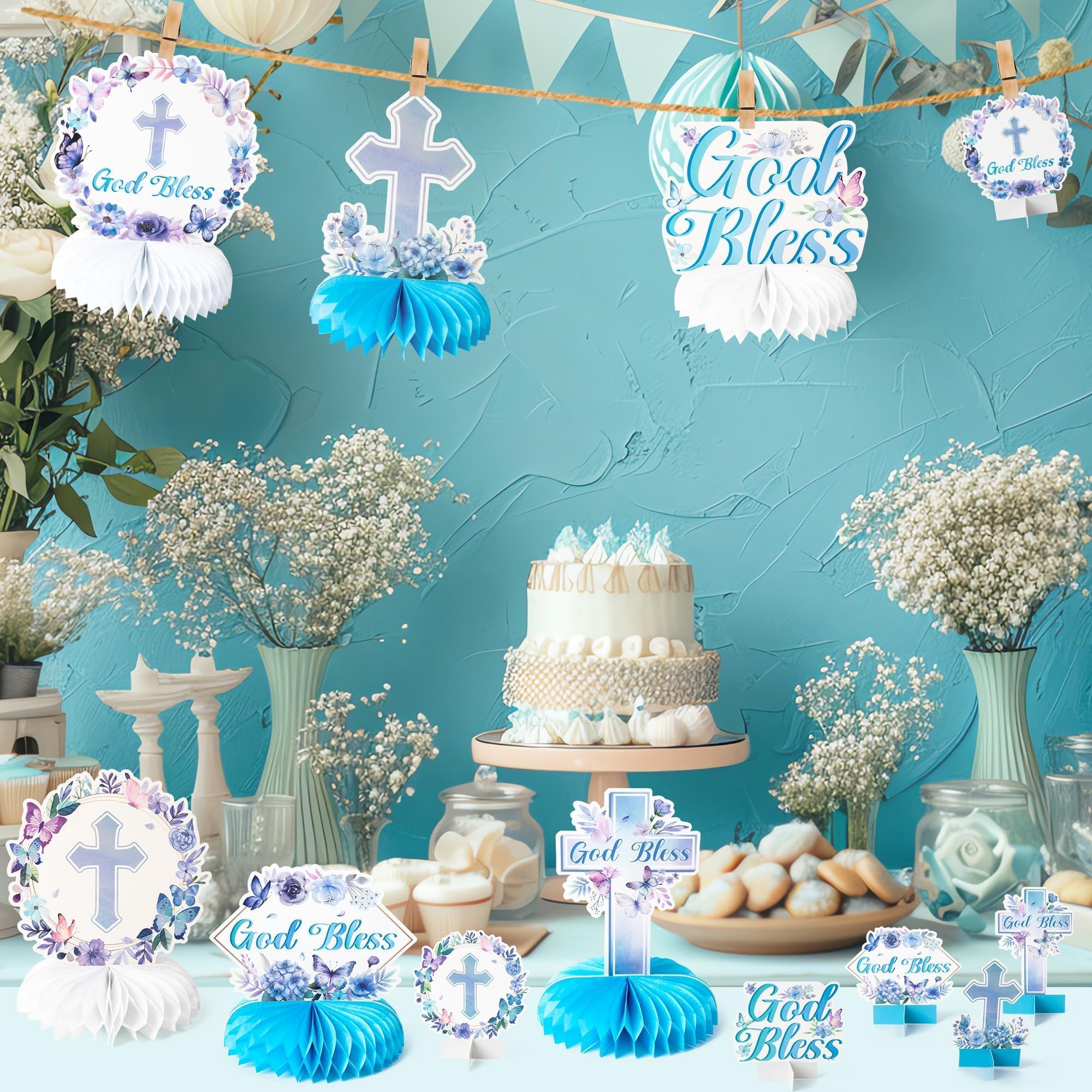 ANGOLIO 12Pcs Baptism Honeycomb Centerpieces Birthday Party Decor, Summer Blue Purple God Bless Cross Religious Baptism Table Centerpieces for Baby Shower First Communion Gender Neutral Decorations - Image 7