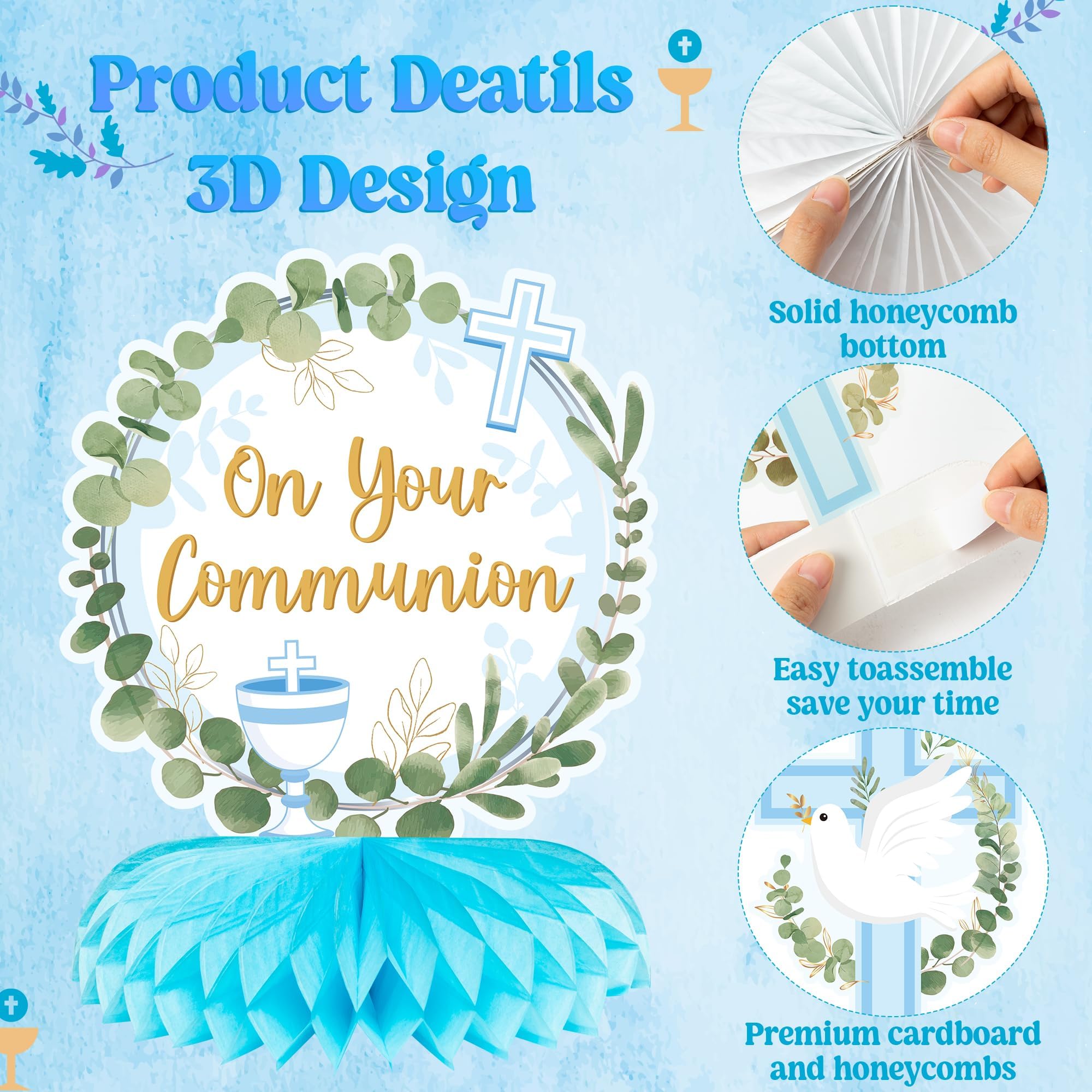 ANGOLIO 12Pcs First Communion Party Honeycomb Centerpieces Blue Baptism Cross Religious Centerpieces for Tables Photo Props Decoration for Baby Shower Boys Girls Birthday Church Wedding Decoracions - Image 4