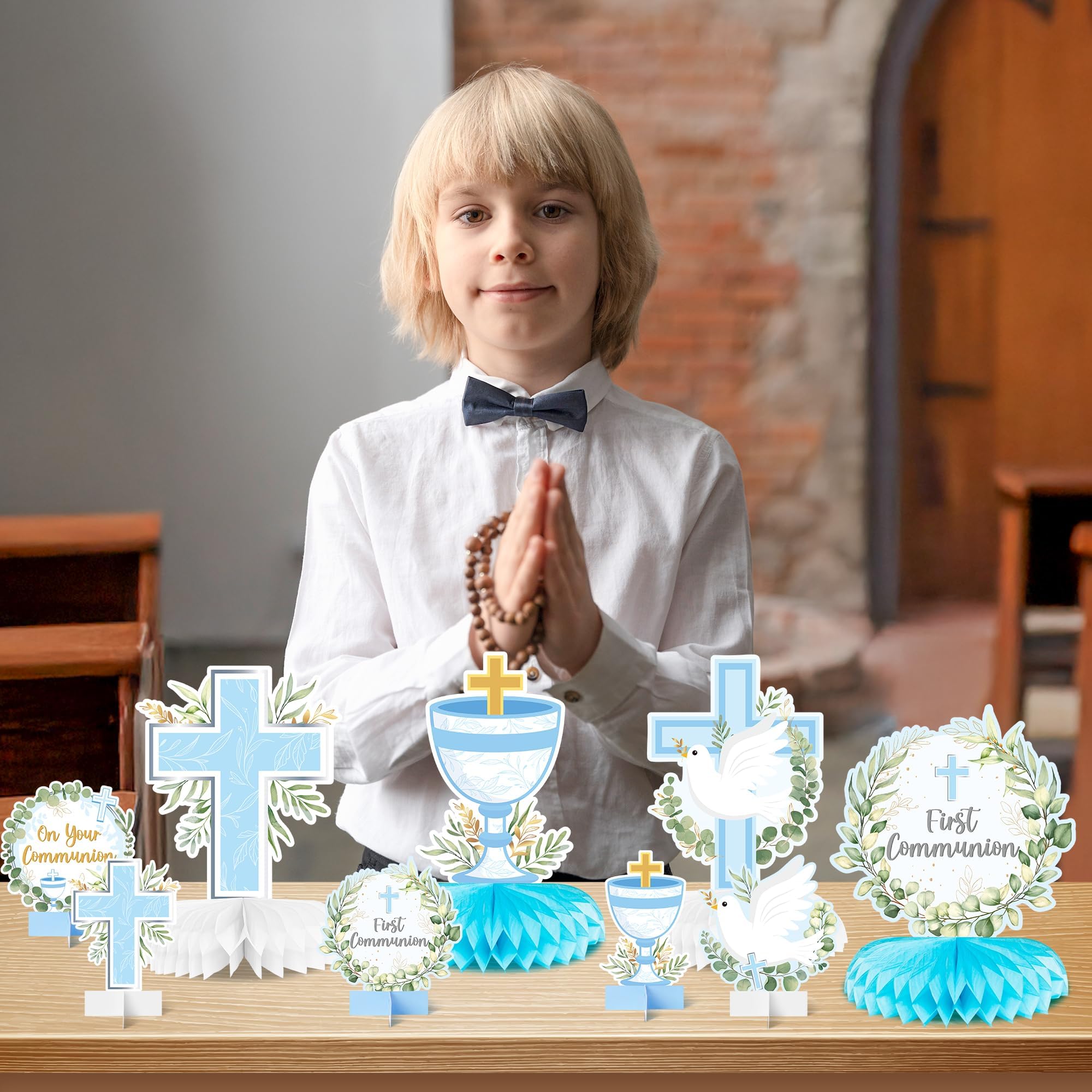 ANGOLIO 12Pcs First Communion Party Honeycomb Centerpieces Blue Baptism Cross Religious Centerpieces for Tables Photo Props Decoration for Baby Shower Boys Girls Birthday Church Wedding Decoracions - Image 5
