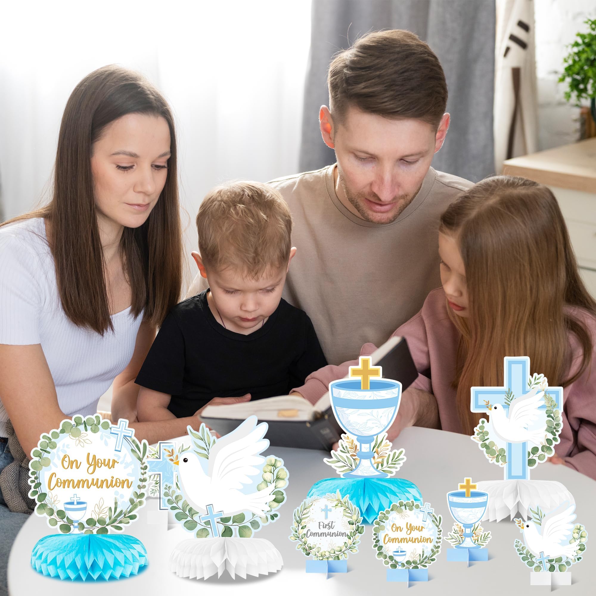 ANGOLIO 12Pcs First Communion Party Honeycomb Centerpieces Blue Baptism Cross Religious Centerpieces for Tables Photo Props Decoration for Baby Shower Boys Girls Birthday Church Wedding Decoracions - Image 6