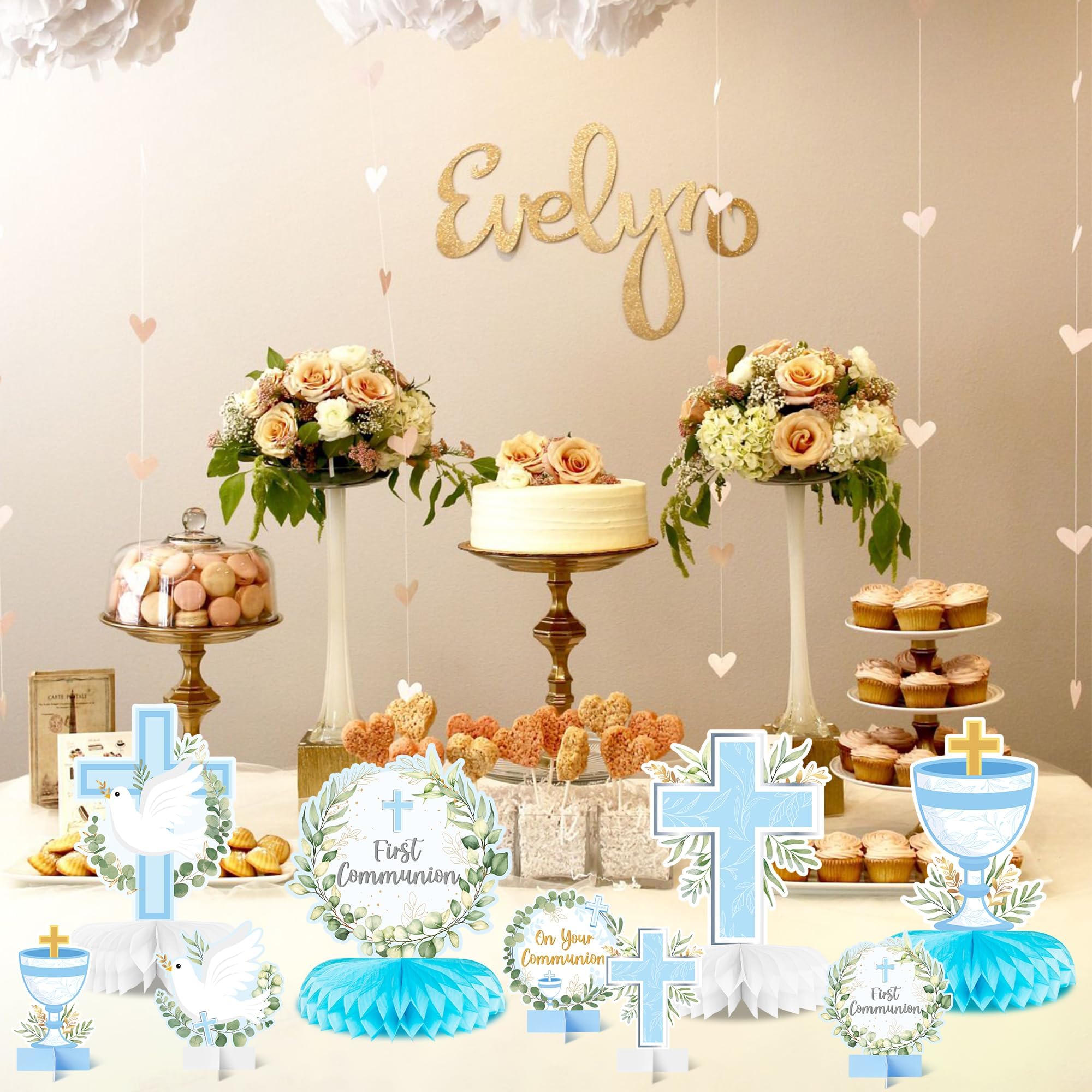ANGOLIO 12Pcs First Communion Party Honeycomb Centerpieces Blue Baptism Cross Religious Centerpieces for Tables Photo Props Decoration for Baby Shower Boys Girls Birthday Church Wedding Decoracions - Image 7