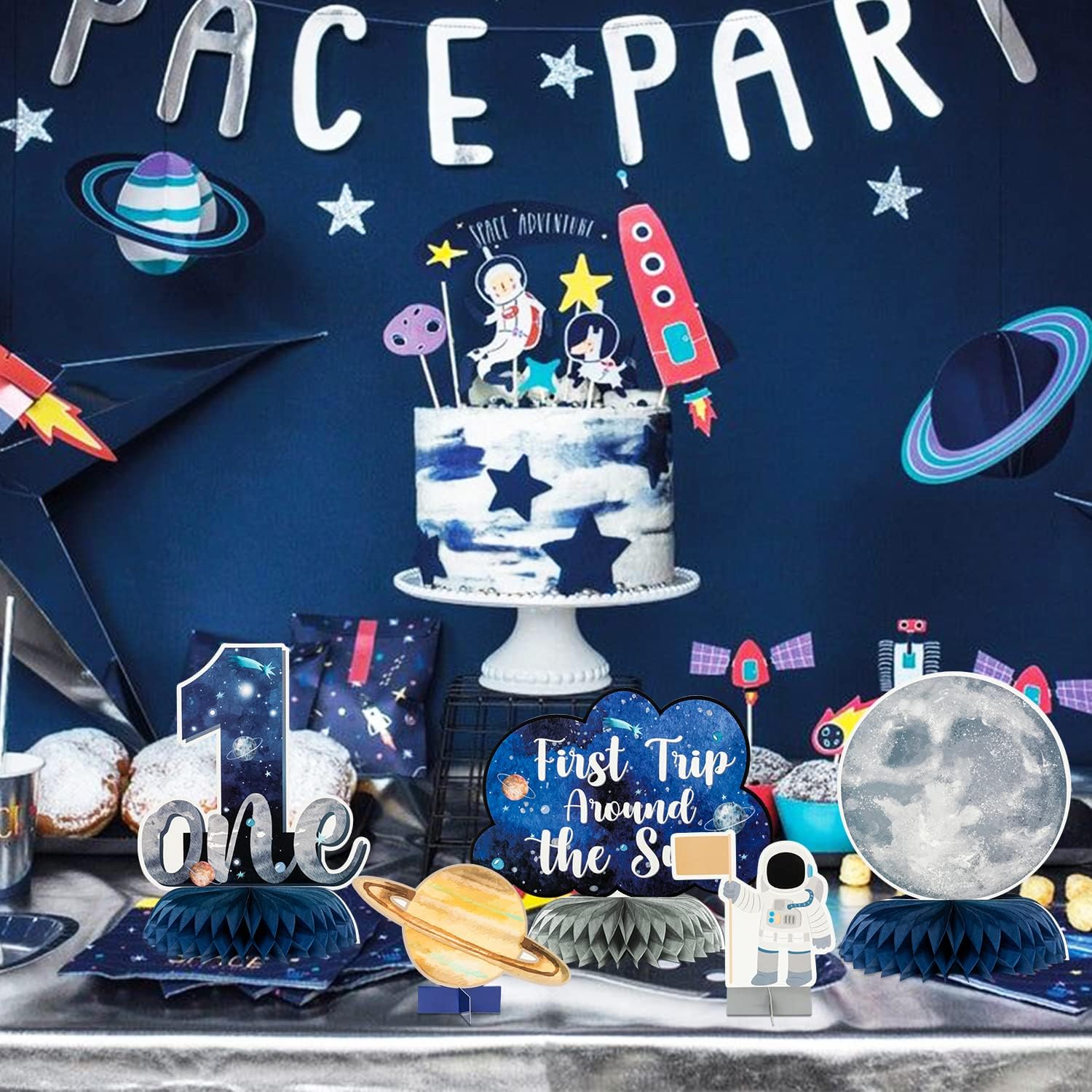 ANGOLIO 12Pcs First Trip Around The Sun One Letter Sign Party Honeycomb Table Centerpiece Outer Space 1st Birthday Party Decorations Planets Solar System Theme Favor for Boys Baby Shower Photo Props - Image 4
