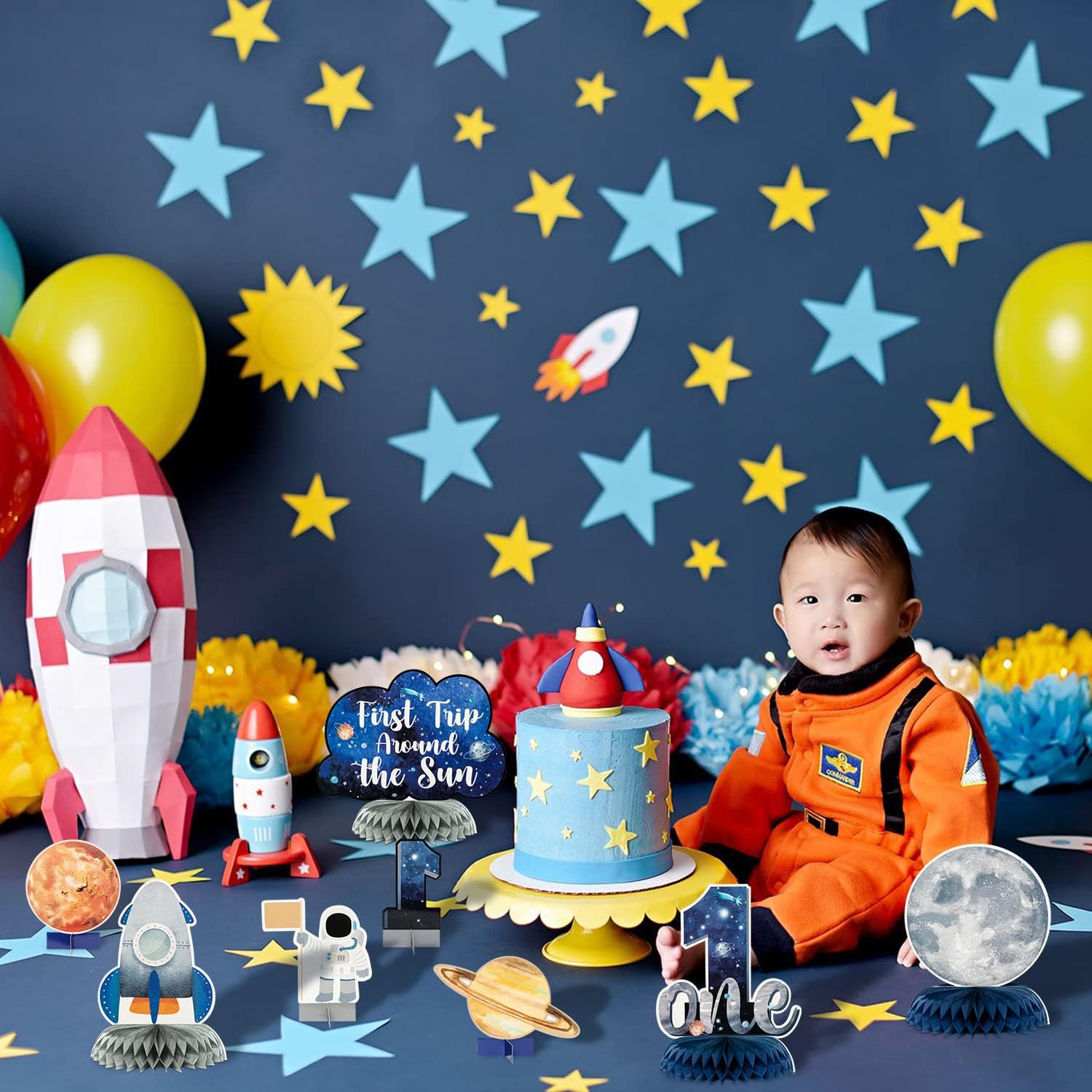 ANGOLIO 12Pcs First Trip Around The Sun One Letter Sign Party Honeycomb Table Centerpiece Outer Space 1st Birthday Party Decorations Planets Solar System Theme Favor for Boys Baby Shower Photo Props - Image 5