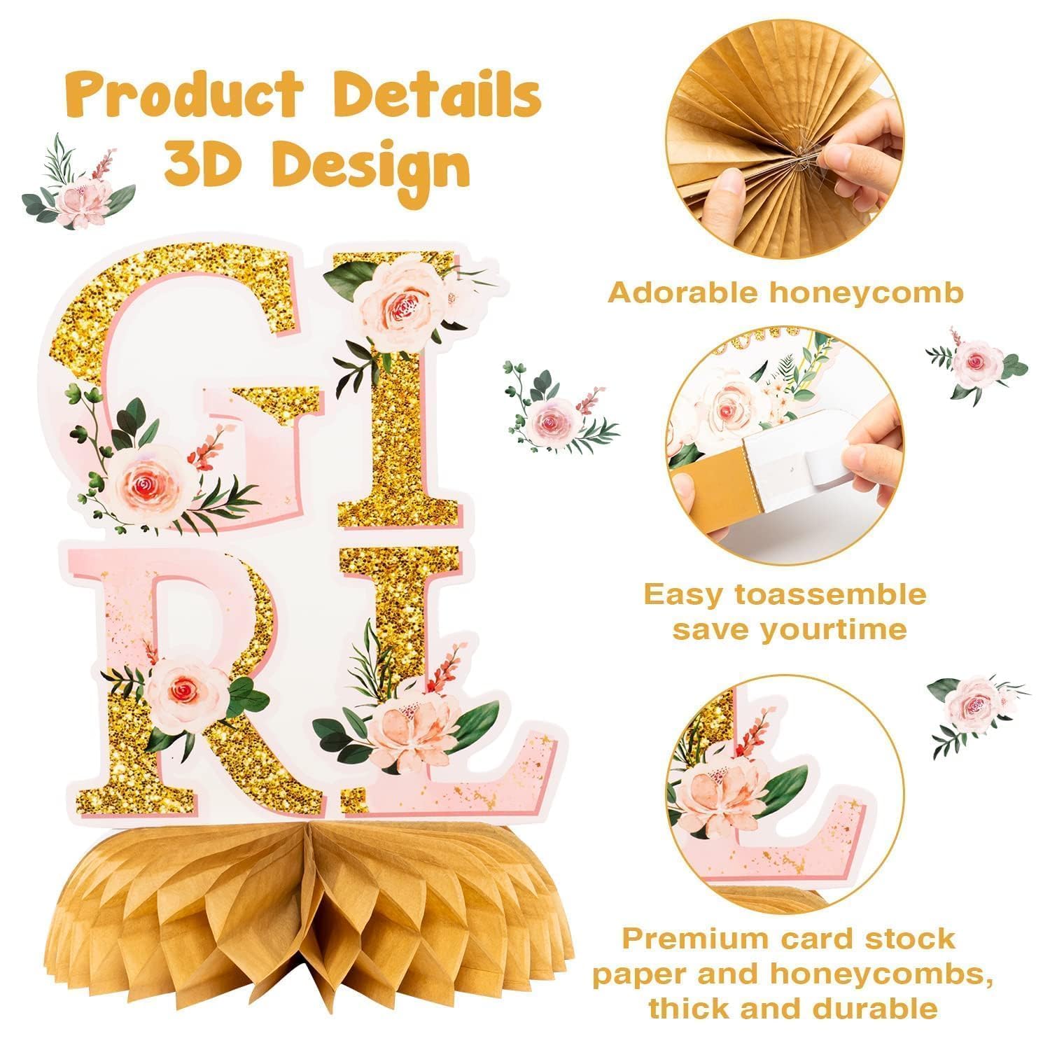 ANGOLIO 12Pcs Floral Baby Shower Party Honeycomb Table Centerpiece Baby in Bloom Table Display with Letters Gender Reveal Decor Arrangement Favor Block Holder for Girl Birthday Summer Party Supplies - Image 3
