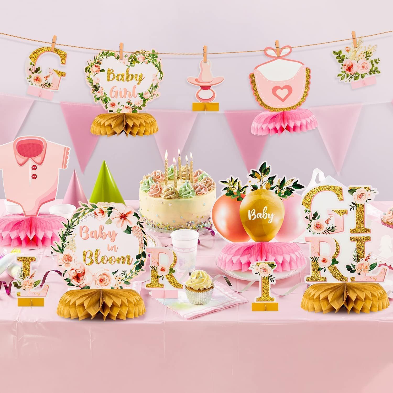 ANGOLIO 12Pcs Floral Baby Shower Party Honeycomb Table Centerpiece Baby in Bloom Table Display with Letters Gender Reveal Decor Arrangement Favor Block Holder for Girl Birthday Summer Party Supplies - Image 5