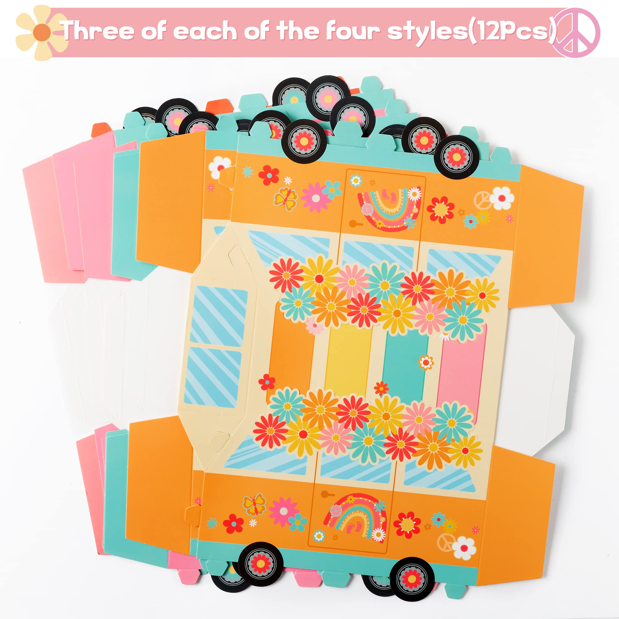 ANGOLIO 12Pcs Groovy Party Favor Boxes Groovy Hippie Peace Bus Centerpiece Birthday Party Decorations Peace Signs Daisies Rainbows for Baby Girls Kids Boho Hippie Birthday Decoration Supplies - Image 3