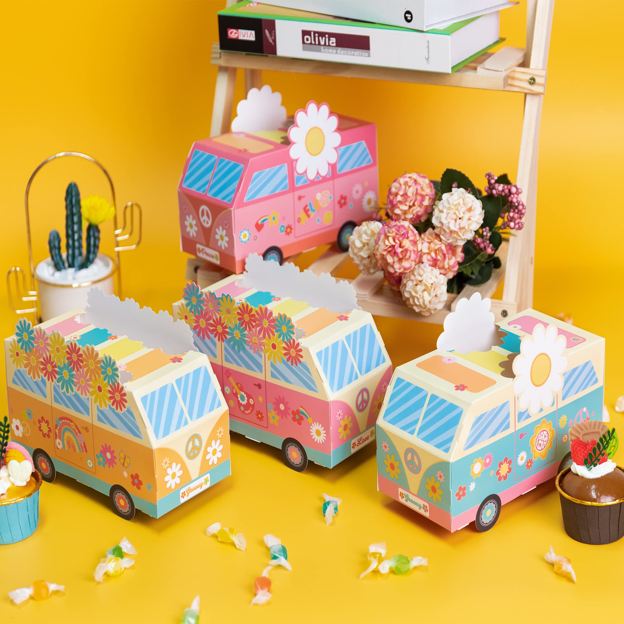 ANGOLIO 12Pcs Groovy Party Favor Boxes Groovy Hippie Peace Bus Centerpiece Birthday Party Decorations Peace Signs Daisies Rainbows for Baby Girls Kids Boho Hippie Birthday Decoration Supplies - Image 4