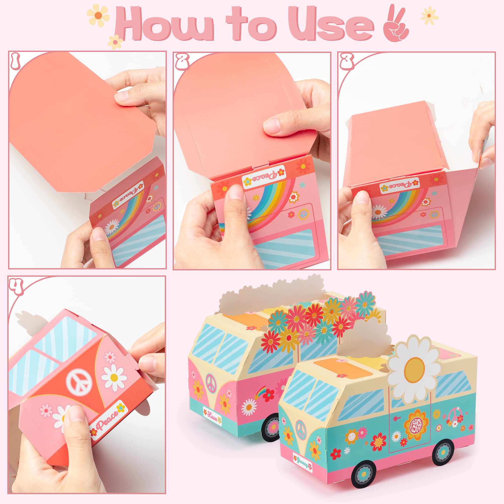 ANGOLIO 12Pcs Groovy Party Favor Boxes Groovy Hippie Peace Bus Centerpiece Birthday Party Decorations Peace Signs Daisies Rainbows for Baby Girls Kids Boho Hippie Birthday Decoration Supplies - Image 5