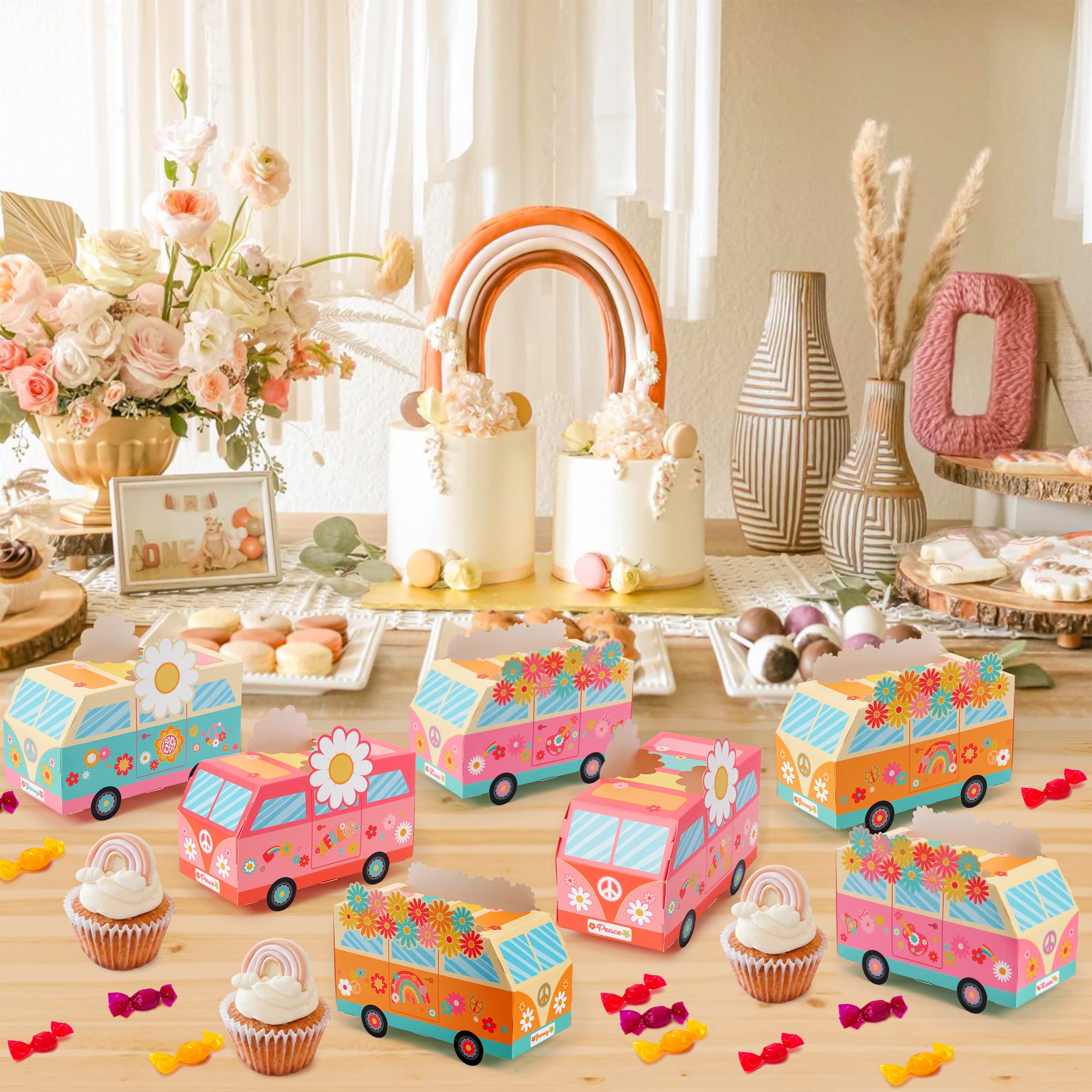 ANGOLIO 12Pcs Groovy Party Favor Boxes Groovy Hippie Peace Bus Centerpiece Birthday Party Decorations Peace Signs Daisies Rainbows for Baby Girls Kids Boho Hippie Birthday Decoration Supplies - Image 7