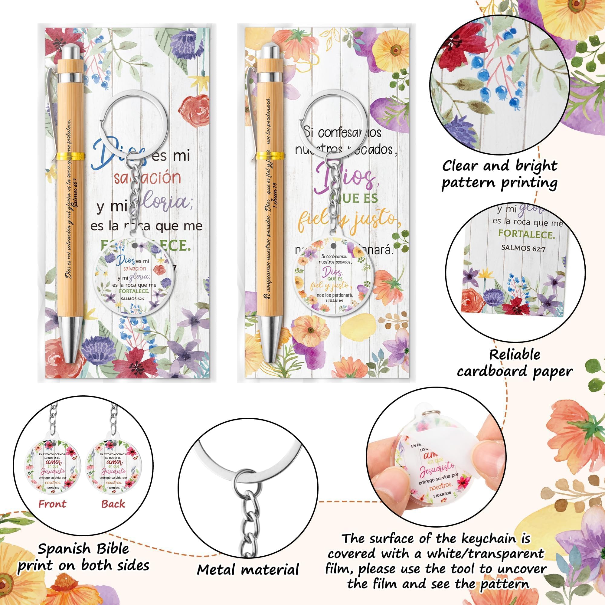 ANGOLIO 230 Spanish Christian Floral Religious Gifts Bulk, Easter Gift Regalos Bookmarks Cristianos En Español Bible Verse Bamboo Pen Keychain Inspirational Bookmark Gift for Teacher Church Favor - Image 3