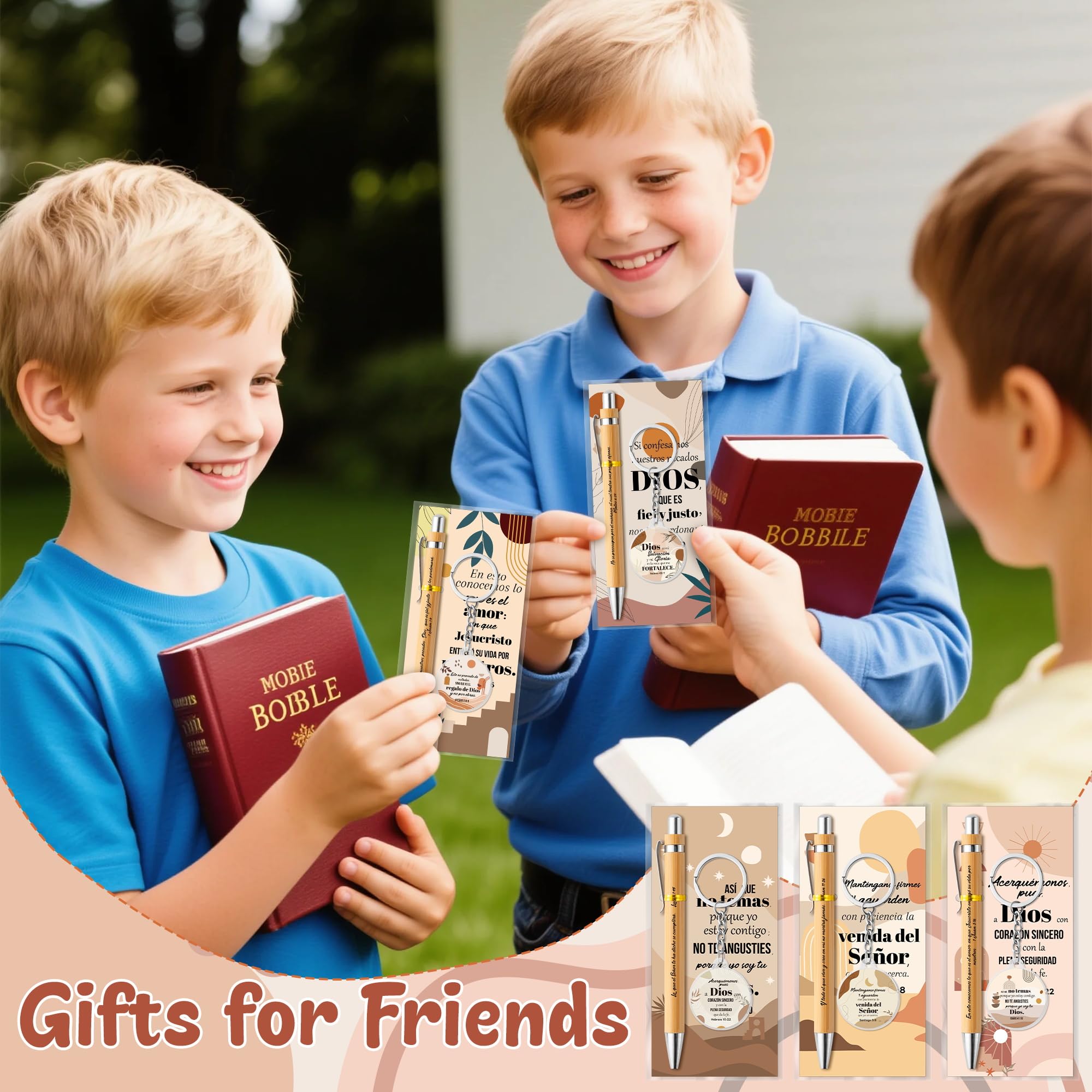ANGOLIO 230Pcs Spanish Christian Boho Religious Gifts Bulk Easter Spring Gift Regalos Cristianos En Español Bible Verse Bamboo Pen Keychain Bookmark Religious Gift for Women Men Office Church Favor - Image 5