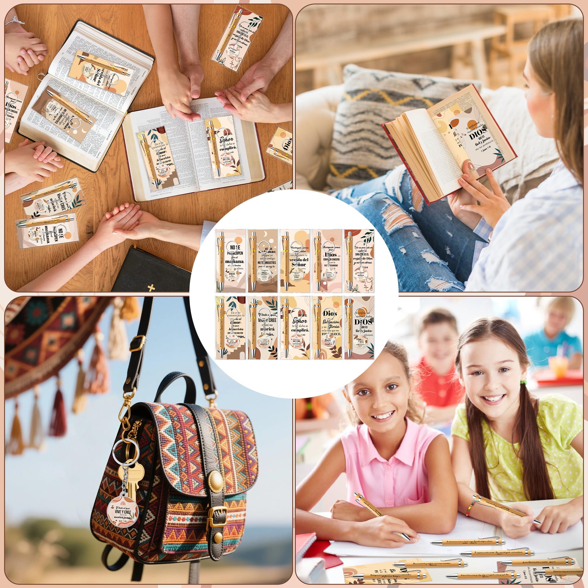 ANGOLIO 230Pcs Spanish Christian Boho Religious Gifts Bulk Easter Spring Gift Regalos Cristianos En Español Bible Verse Bamboo Pen Keychain Bookmark Religious Gift for Women Men Office Church Favor - Image 6