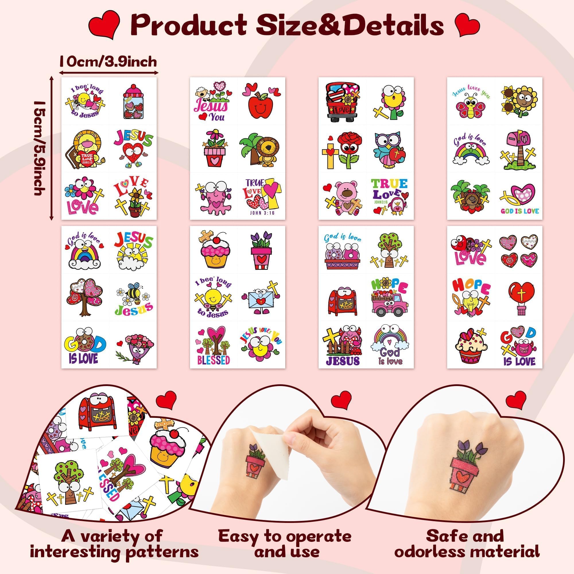 ANGOLIO 24 Valentine's Day Religious Temporary Tattoos for Kids Cartoon Love Heart Exchange Gifts Stickers Boys Girls Christian Valentine School Party Favors Tattoos for Class Prizes Carnival Rewards - Image 3