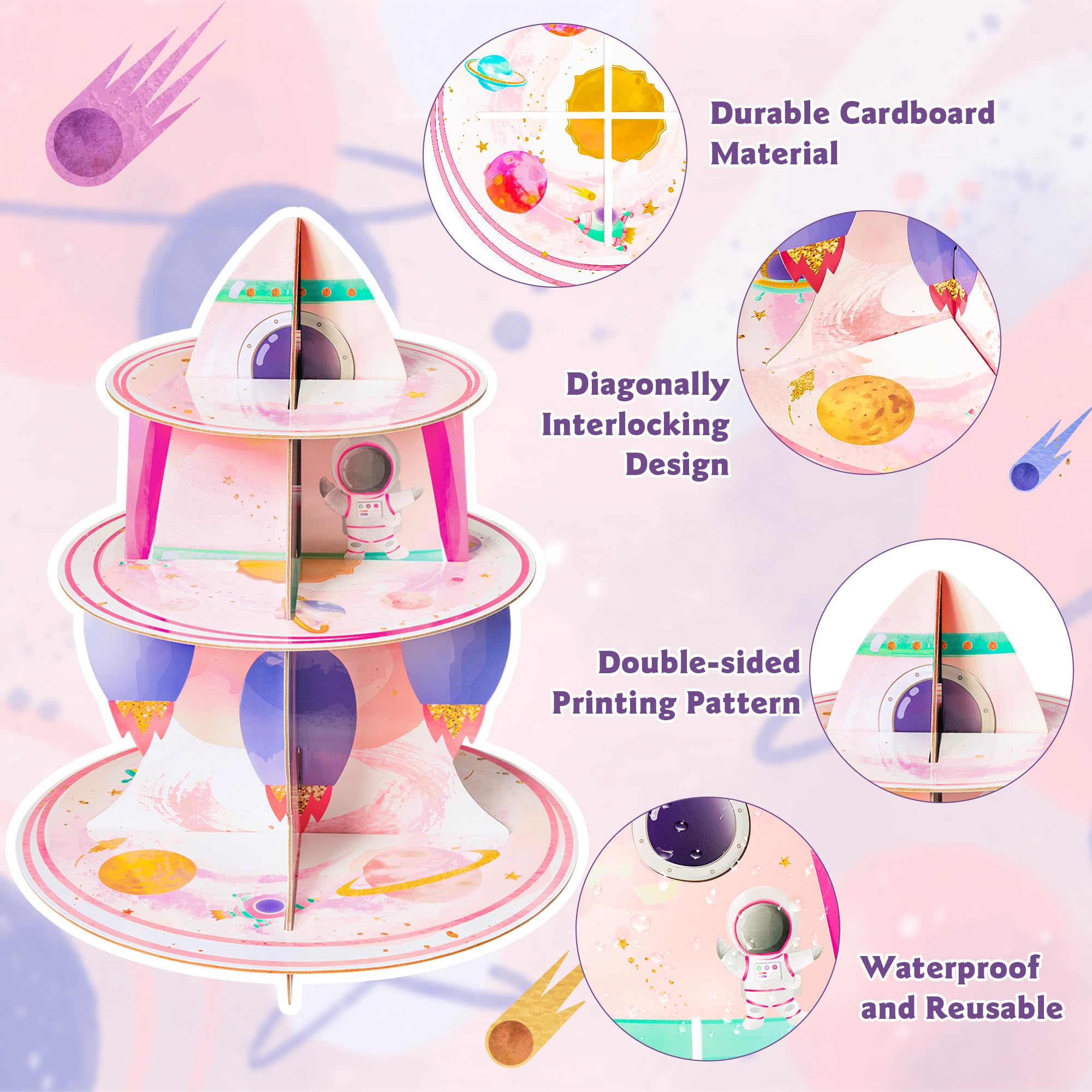 ANGOLIO 2Pcs Watercolour Outer Space Cupcake Stand 3 Tier Outer Space Cardboard Cupcake Stand Birthday Party Decorations Solar System Theme Dessert Tower Display for Kids Baby Shower Birthday Supplies - Image 3
