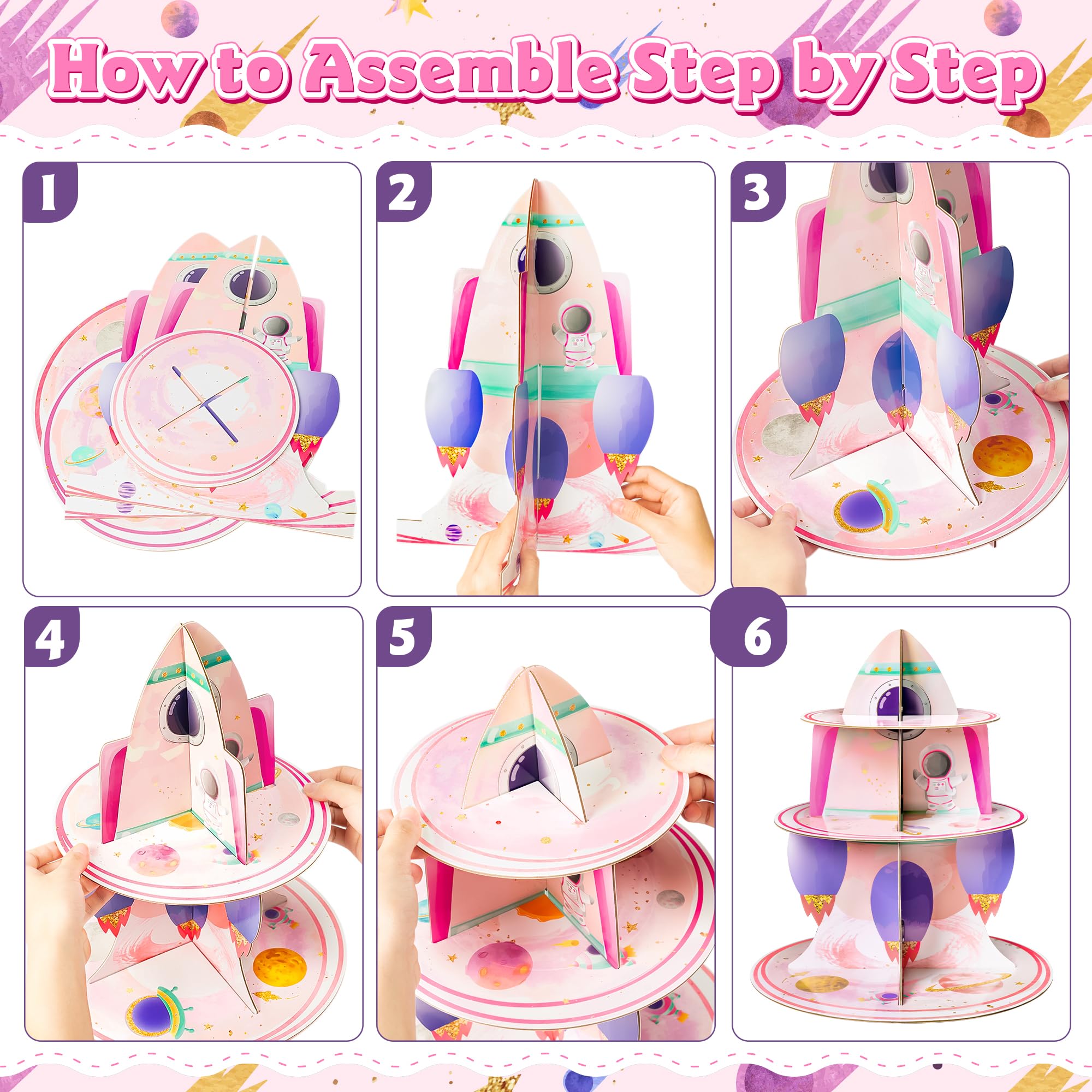 ANGOLIO 2Pcs Watercolour Outer Space Cupcake Stand 3 Tier Outer Space Cardboard Cupcake Stand Birthday Party Decorations Solar System Theme Dessert Tower Display for Kids Baby Shower Birthday Supplies - Image 4