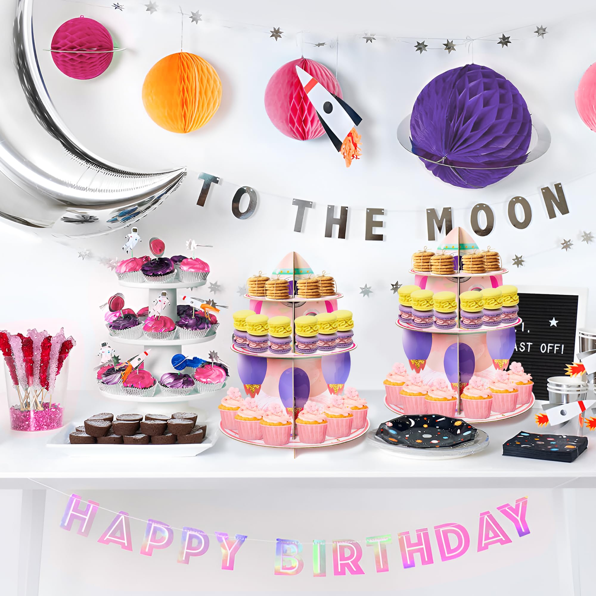 ANGOLIO 2Pcs Watercolour Outer Space Cupcake Stand 3 Tier Outer Space Cardboard Cupcake Stand Birthday Party Decorations Solar System Theme Dessert Tower Display for Kids Baby Shower Birthday Supplies - Image 5