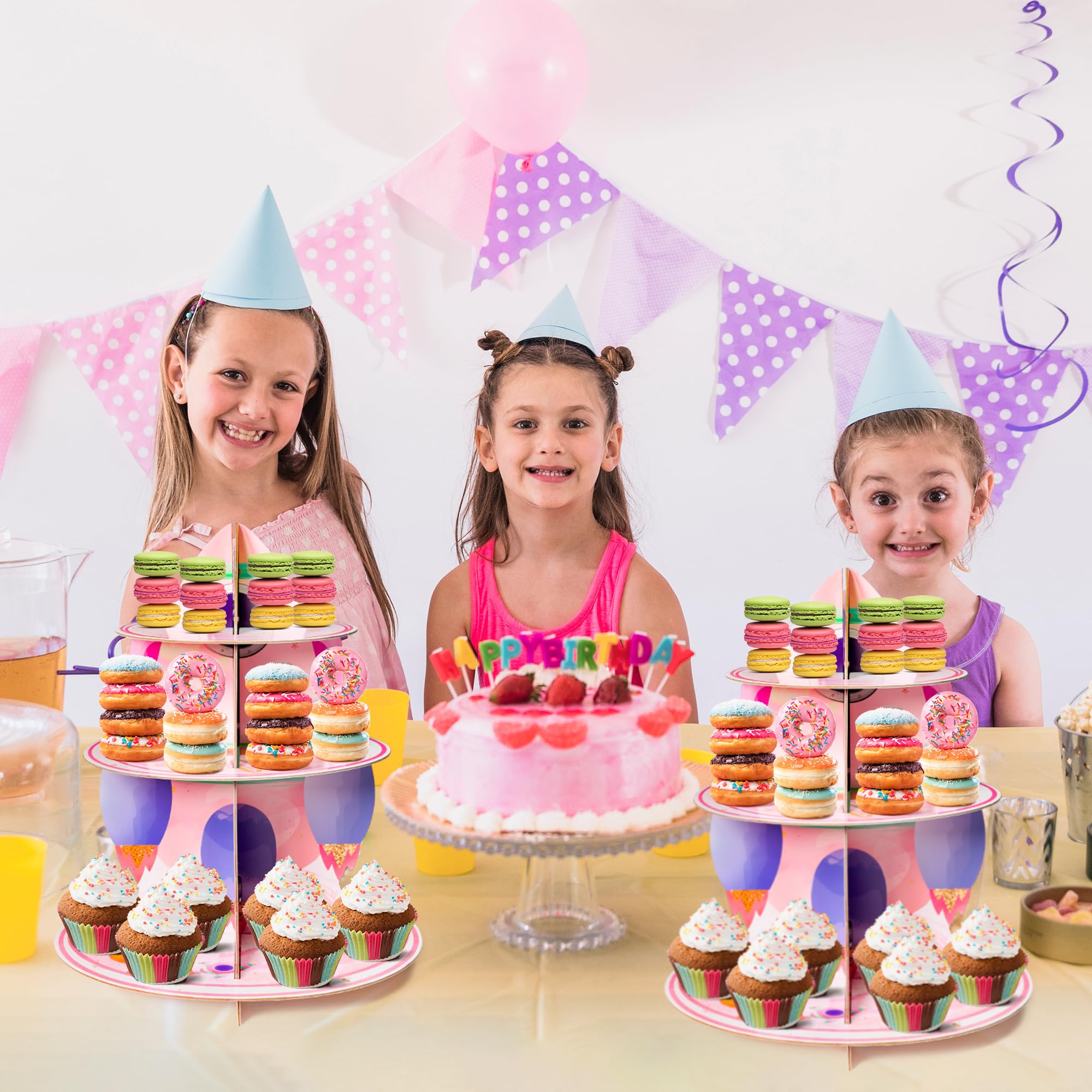 ANGOLIO 2Pcs Watercolour Outer Space Cupcake Stand 3 Tier Outer Space Cardboard Cupcake Stand Birthday Party Decorations Solar System Theme Dessert Tower Display for Kids Baby Shower Birthday Supplies - Image 6