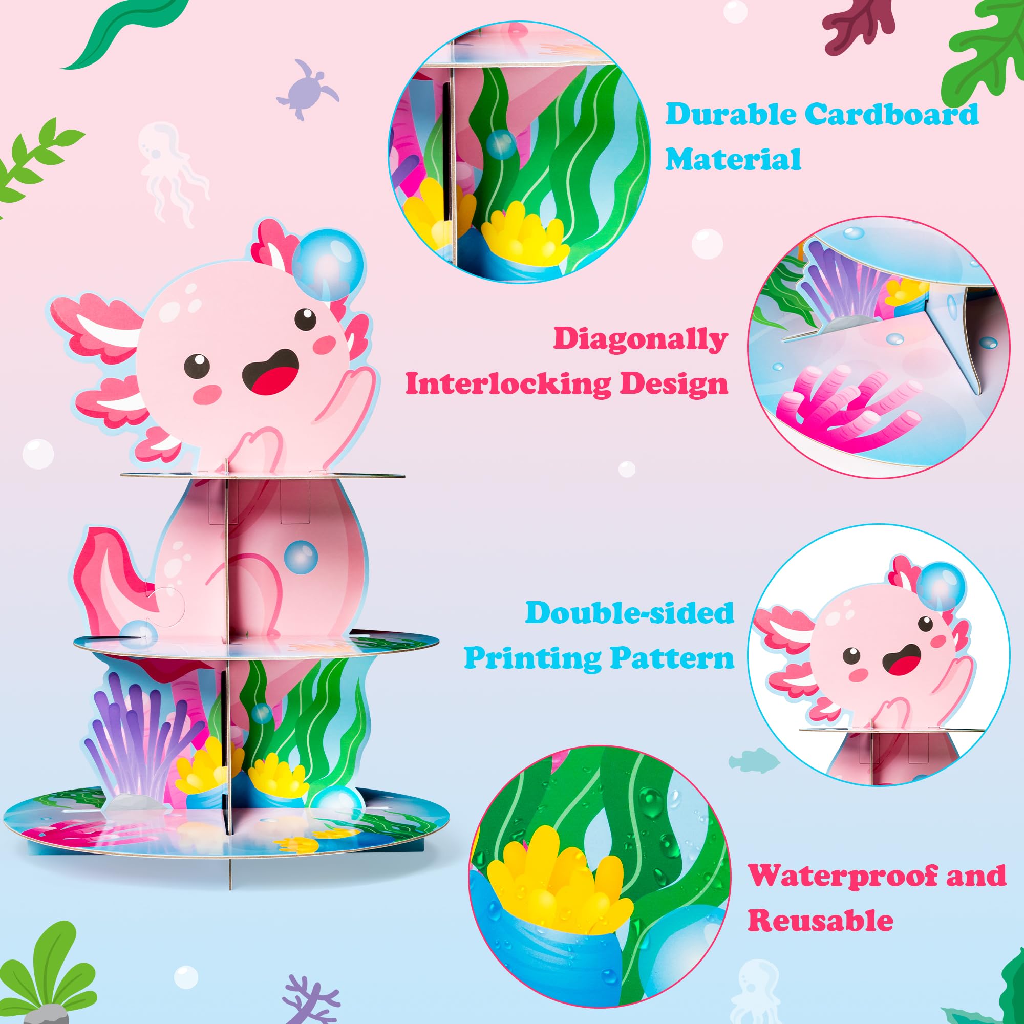 ANGOLIO 3 Tiers Axolotl Cupcake Stand Pink Cute Axolotl Birthday Party Cardboard Cupcake Holder Decorations Cartoon Animal Party Dessert Tower Pink Birthday Supplies for Kids - Image 3
