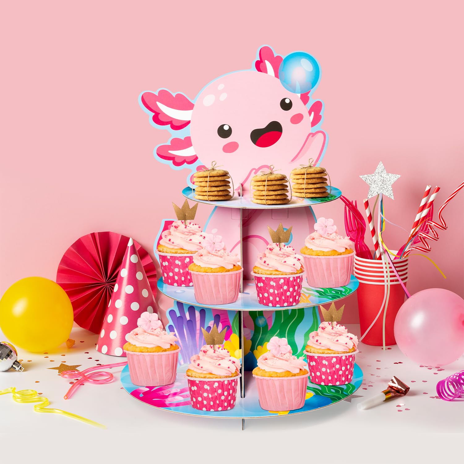 ANGOLIO 3 Tiers Axolotl Cupcake Stand Pink Cute Axolotl Birthday Party Cardboard Cupcake Holder Decorations Cartoon Animal Party Dessert Tower Pink Birthday Supplies for Kids - Image 4