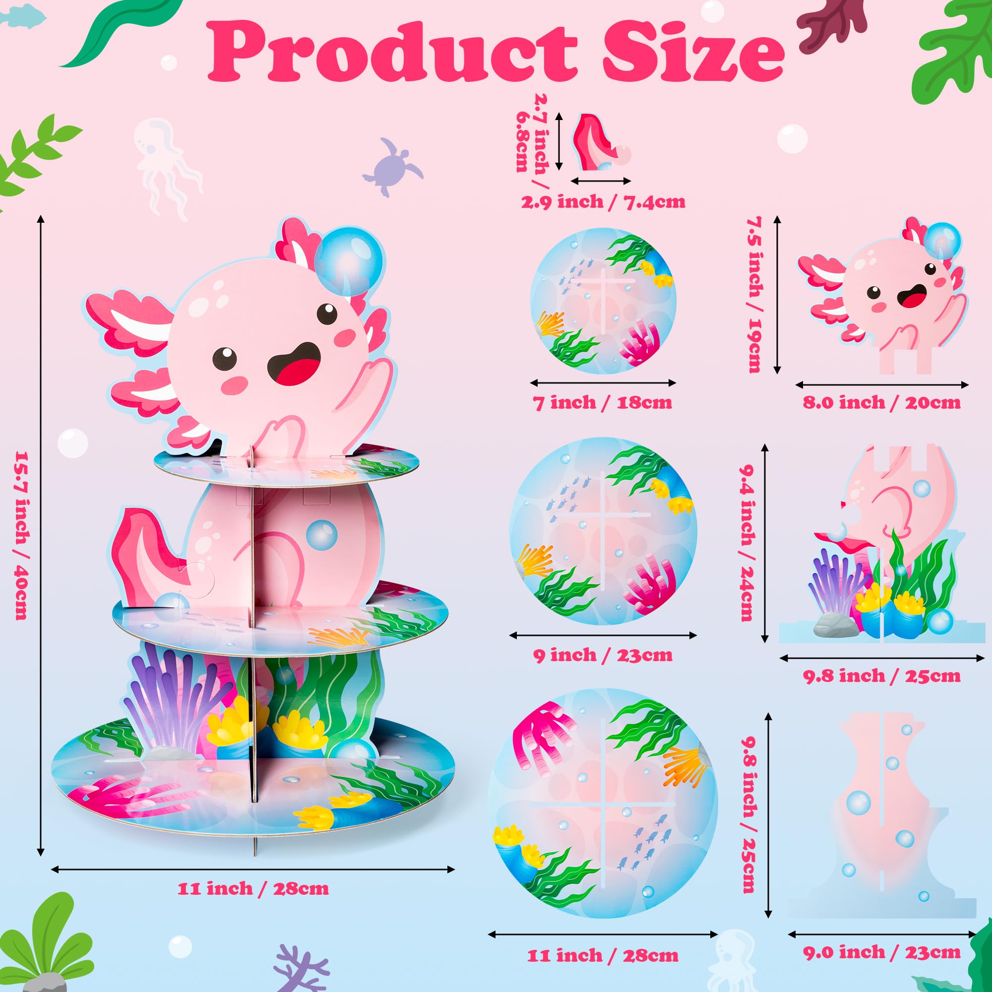 ANGOLIO 3 Tiers Axolotl Cupcake Stand Pink Cute Axolotl Birthday Party Cardboard Cupcake Holder Decorations Cartoon Animal Party Dessert Tower Pink Birthday Supplies for Kids - Image 5