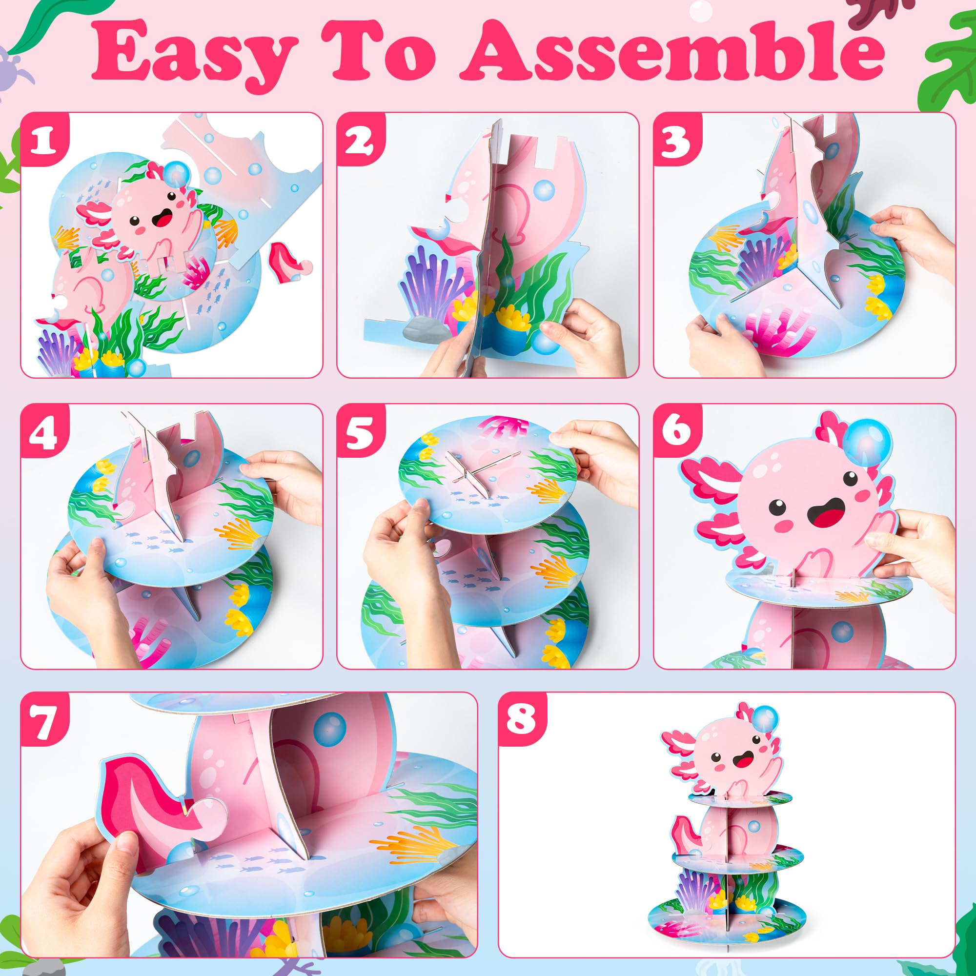 ANGOLIO 3 Tiers Axolotl Cupcake Stand Pink Cute Axolotl Birthday Party Cardboard Cupcake Holder Decorations Cartoon Animal Party Dessert Tower Pink Birthday Supplies for Kids - Image 6