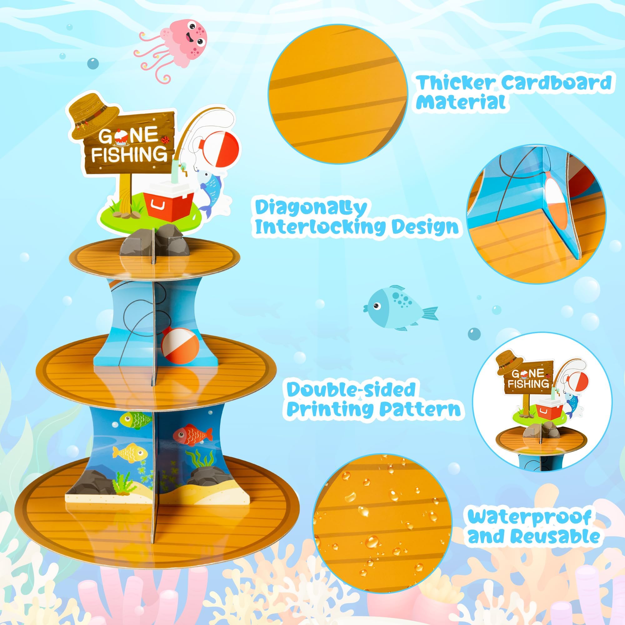ANGOLIO 3 Tiers Go Fishing Cupcake Stand Fishing Birthday Party Cardboard Cupcake Holder Decorations Under The Sea Dessert Tower Party Supplies for Kids Boys Blue Themed Baby Shower Birthday Supplies - Image 3
