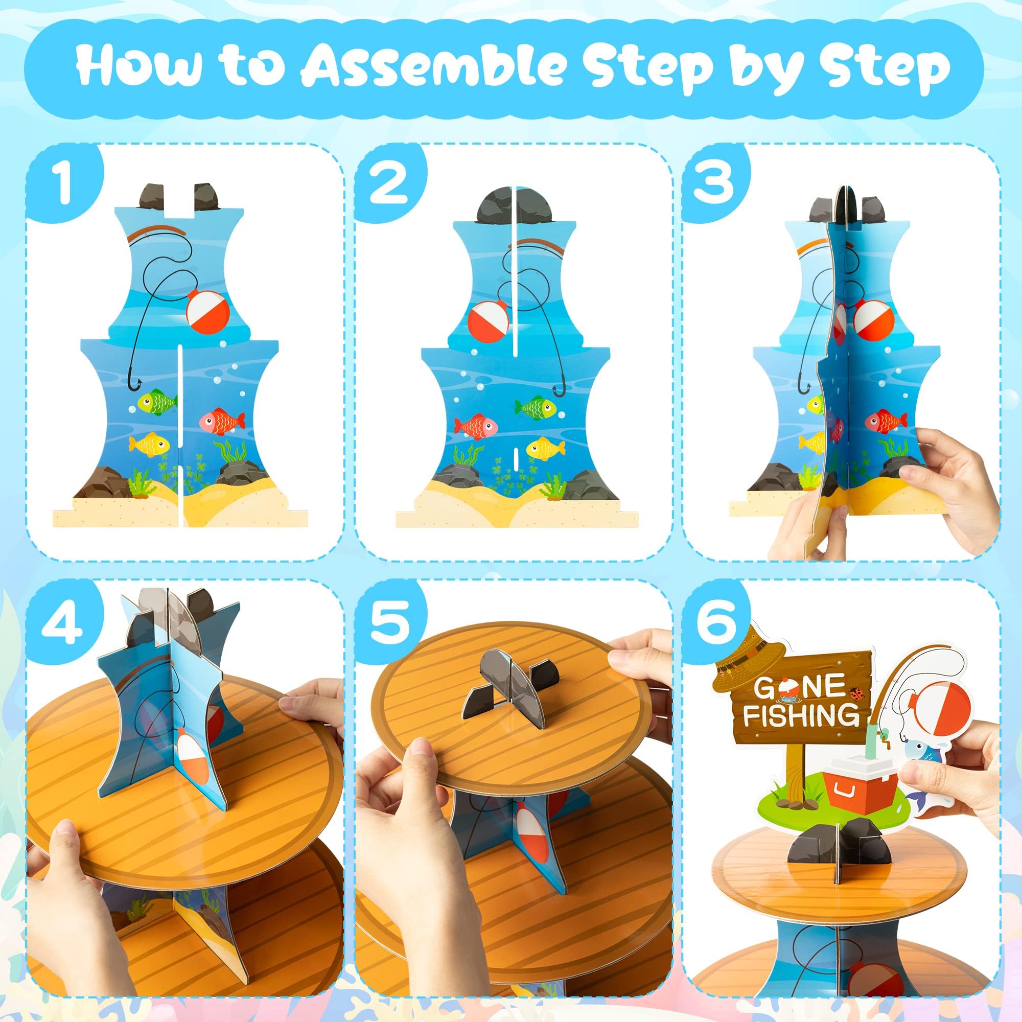 ANGOLIO 3 Tiers Go Fishing Cupcake Stand Fishing Birthday Party Cardboard Cupcake Holder Decorations Under The Sea Dessert Tower Party Supplies for Kids Boys Blue Themed Baby Shower Birthday Supplies - Image 4