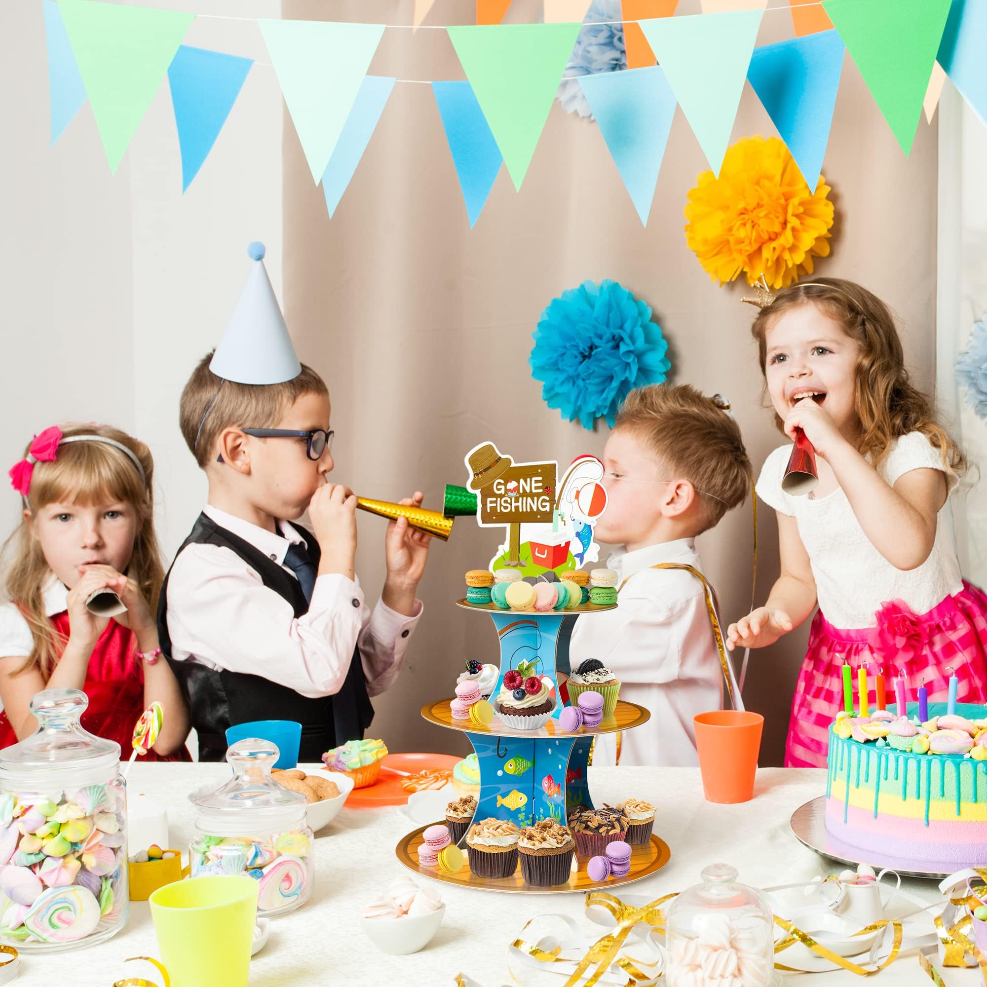 ANGOLIO 3 Tiers Go Fishing Cupcake Stand Fishing Birthday Party Cardboard Cupcake Holder Decorations Under The Sea Dessert Tower Party Supplies for Kids Boys Blue Themed Baby Shower Birthday Supplies - Image 6