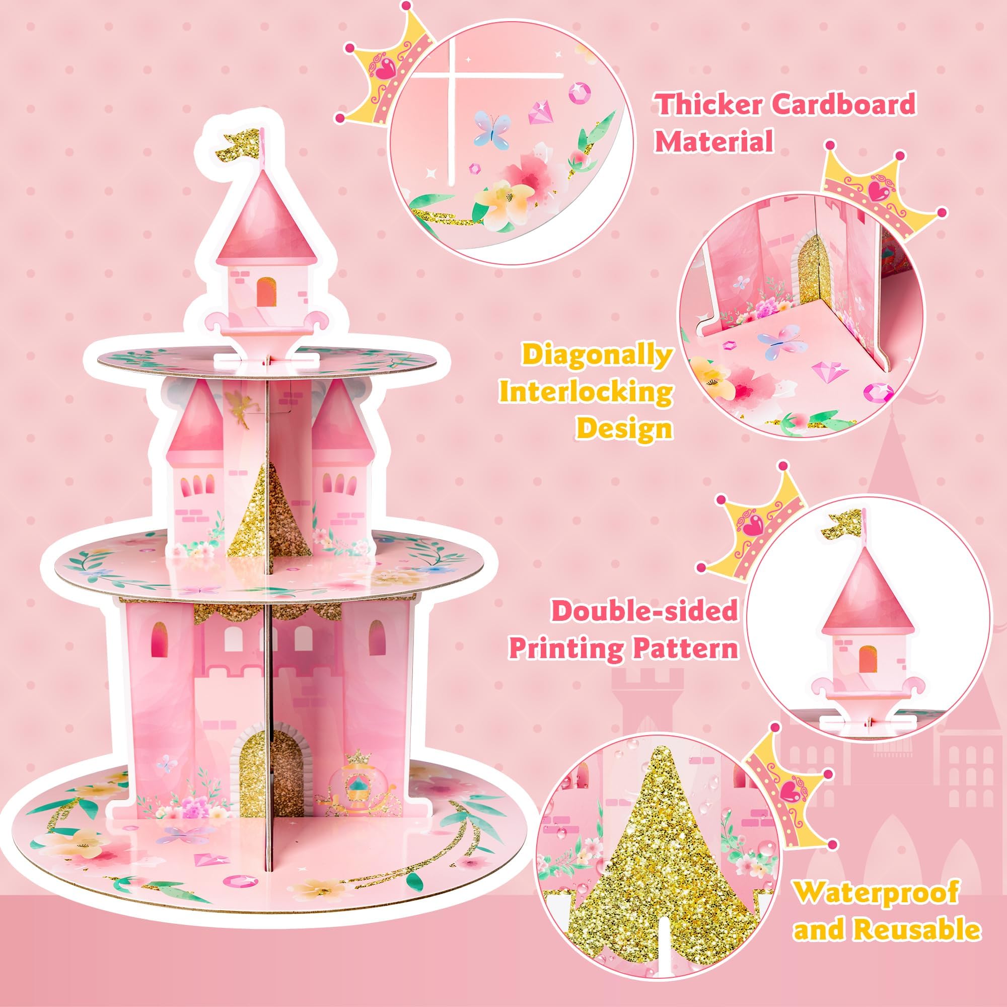 ANGOLIO 3 Tiers Watercolor Princess Cupcake Stand Princess Birthday Party Cardboard Cupcake Holder Decorations Pink Castle Floral Dessert Tower Party Supplies for Kids Girls Pink Themed Baby Shower - Image 3