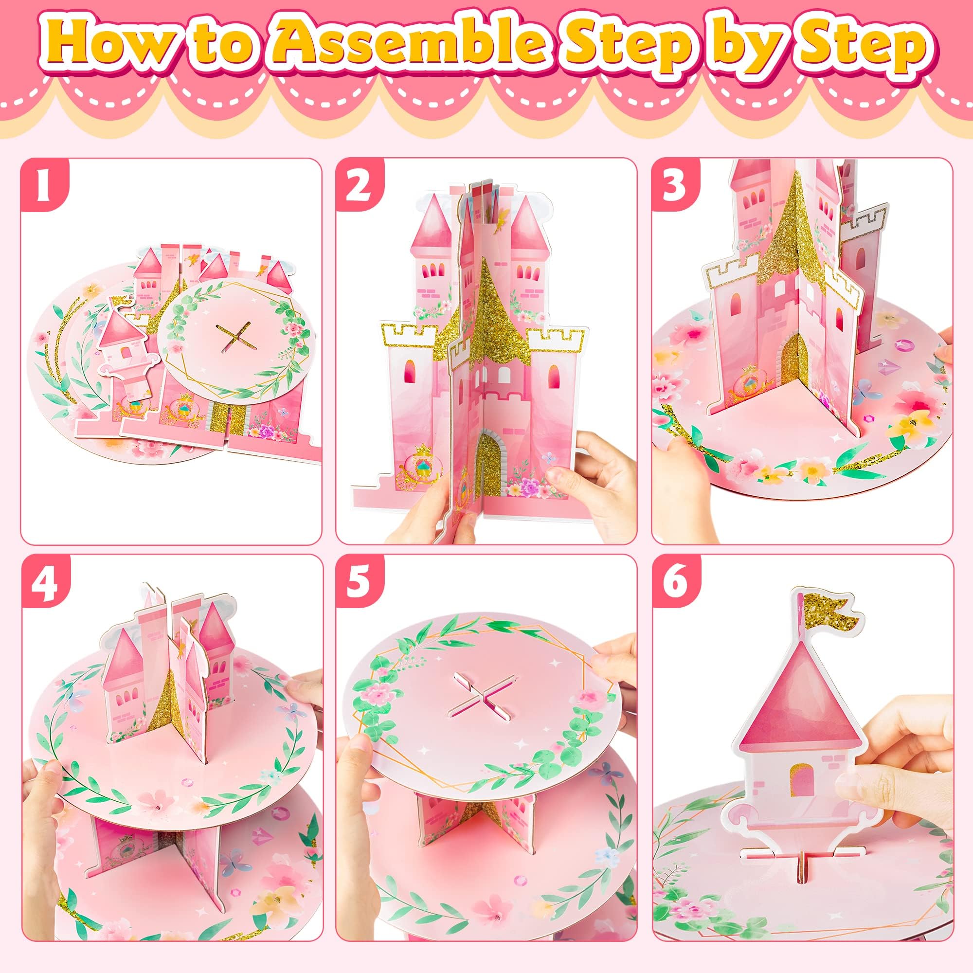 ANGOLIO 3 Tiers Watercolor Princess Cupcake Stand Princess Birthday Party Cardboard Cupcake Holder Decorations Pink Castle Floral Dessert Tower Party Supplies for Kids Girls Pink Themed Baby Shower - Image 4