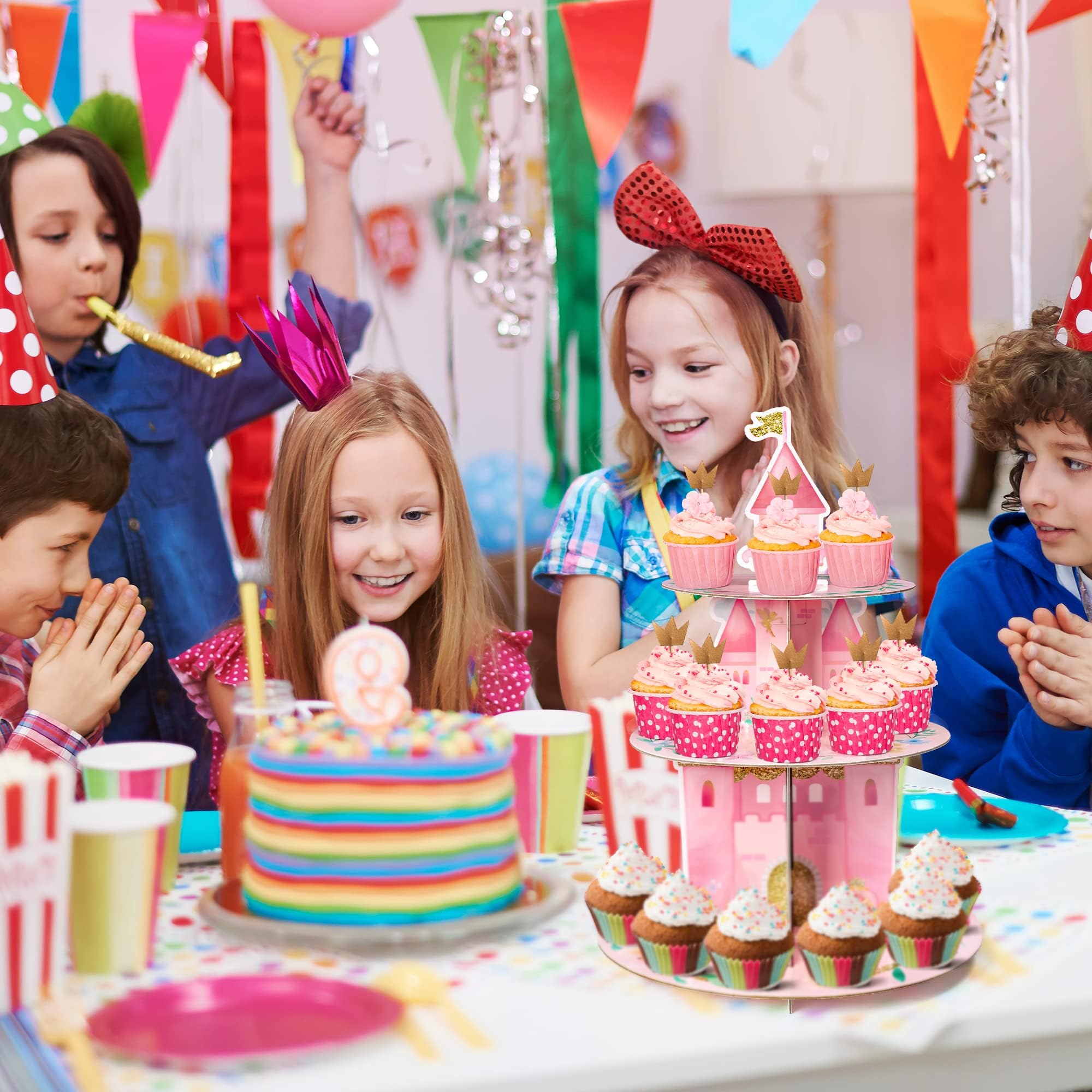 ANGOLIO 3 Tiers Watercolor Princess Cupcake Stand Princess Birthday Party Cardboard Cupcake Holder Decorations Pink Castle Floral Dessert Tower Party Supplies for Kids Girls Pink Themed Baby Shower - Image 5