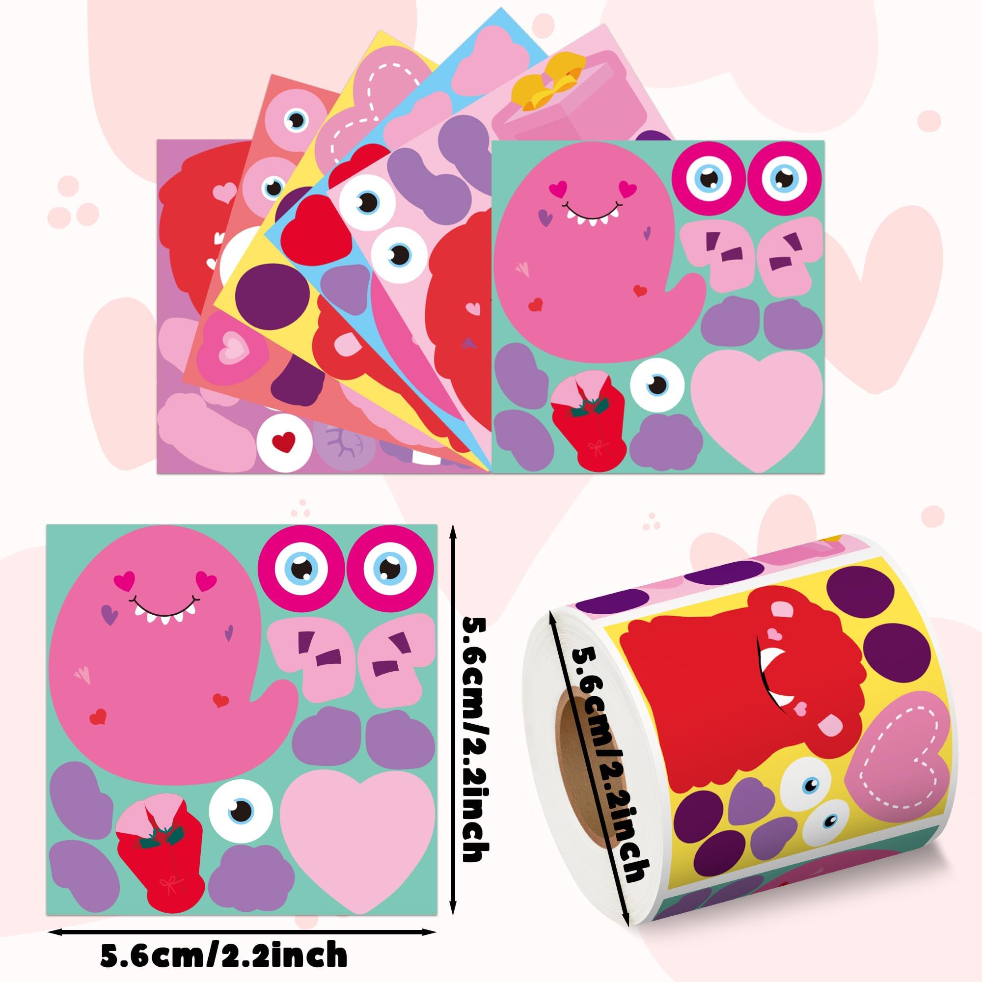 ANGOLIO 300Pcs Valentine's Day Monster Make a Face Stickers Roll Make Your Own Valentine Monster Stickers Label Waterproof Vinyl Decals for Greeting Cards Party Decor Candies Bags Gift - Image 3