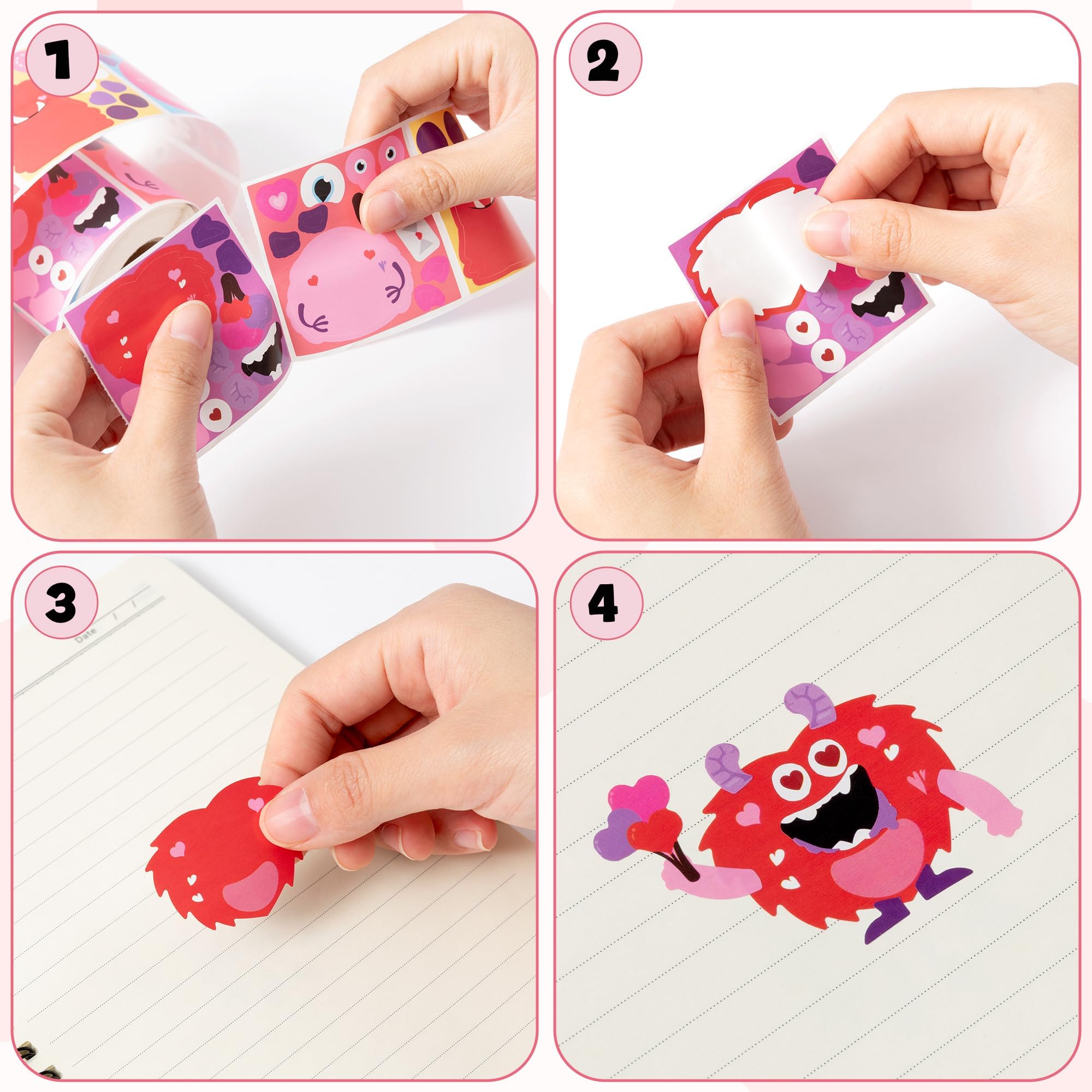ANGOLIO 300Pcs Valentine's Day Monster Make a Face Stickers Roll Make Your Own Valentine Monster Stickers Label Waterproof Vinyl Decals for Greeting Cards Party Decor Candies Bags Gift - Image 4