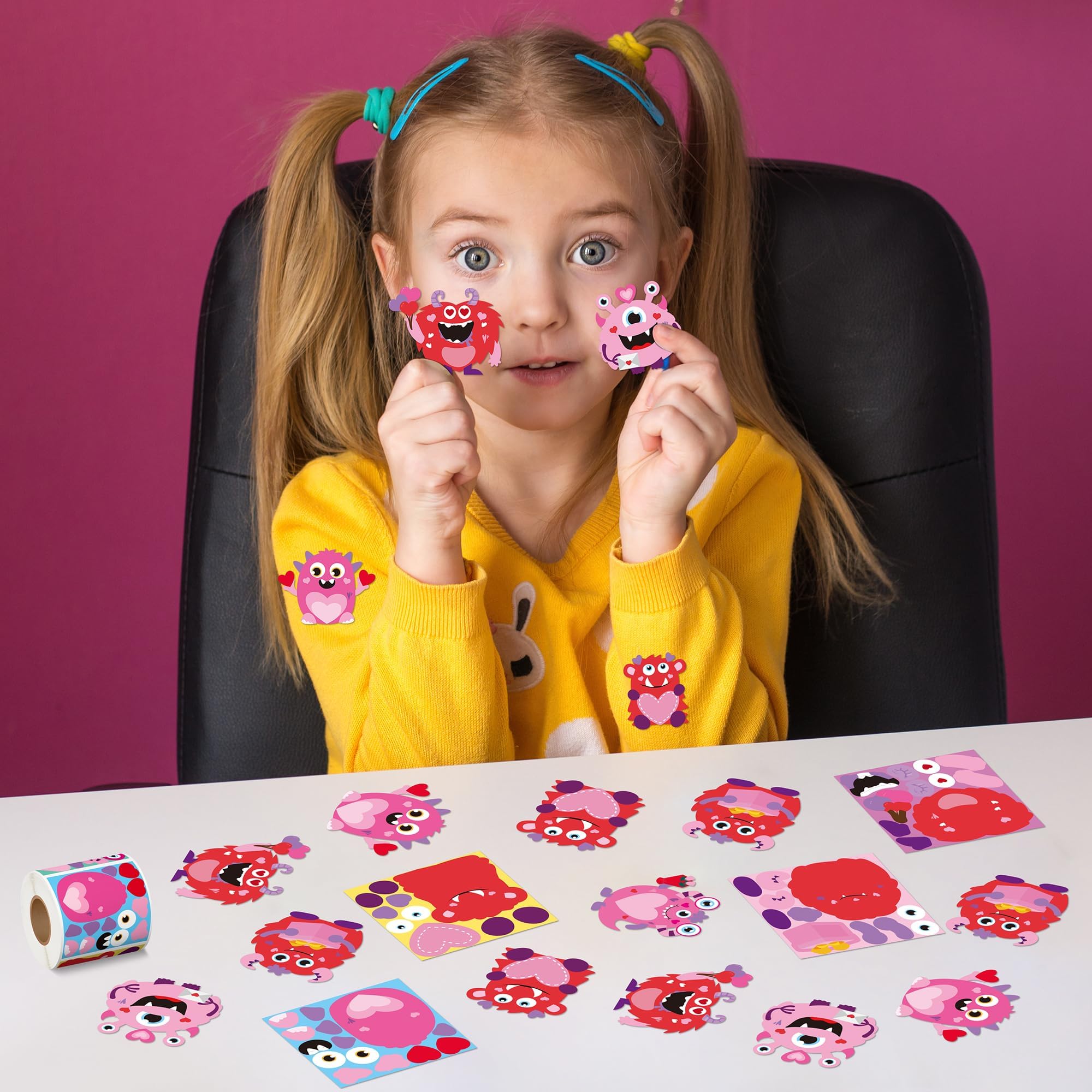 ANGOLIO 300Pcs Valentine's Day Monster Make a Face Stickers Roll Make Your Own Valentine Monster Stickers Label Waterproof Vinyl Decals for Greeting Cards Party Decor Candies Bags Gift - Image 5