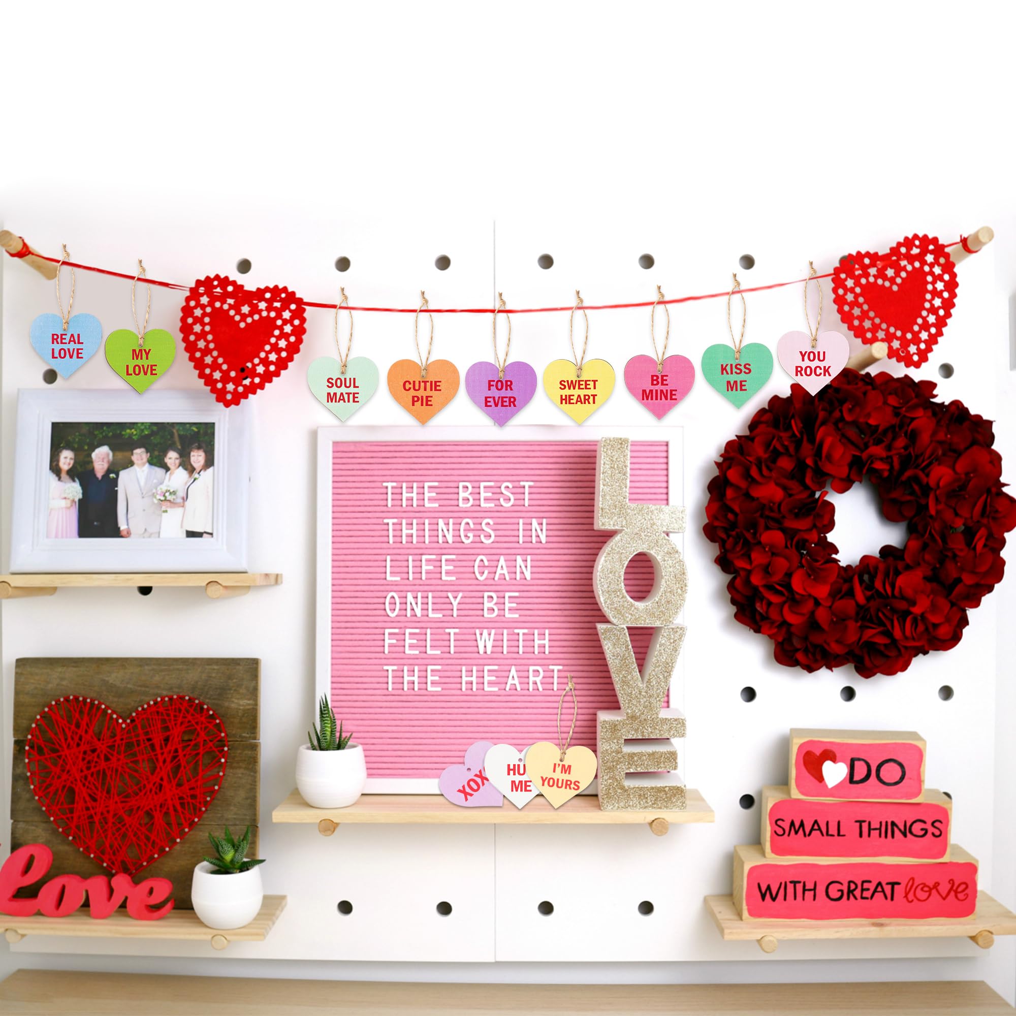 ANGOLIO 37Pcs Valentine's Day Wooden Candy Heart Hanging Ornaments Conversation Heart Hanging Decorations Colorful Love Heart Ornaments for Valentine's Day Wedding Holiday Party Supplies Decor - Image 4