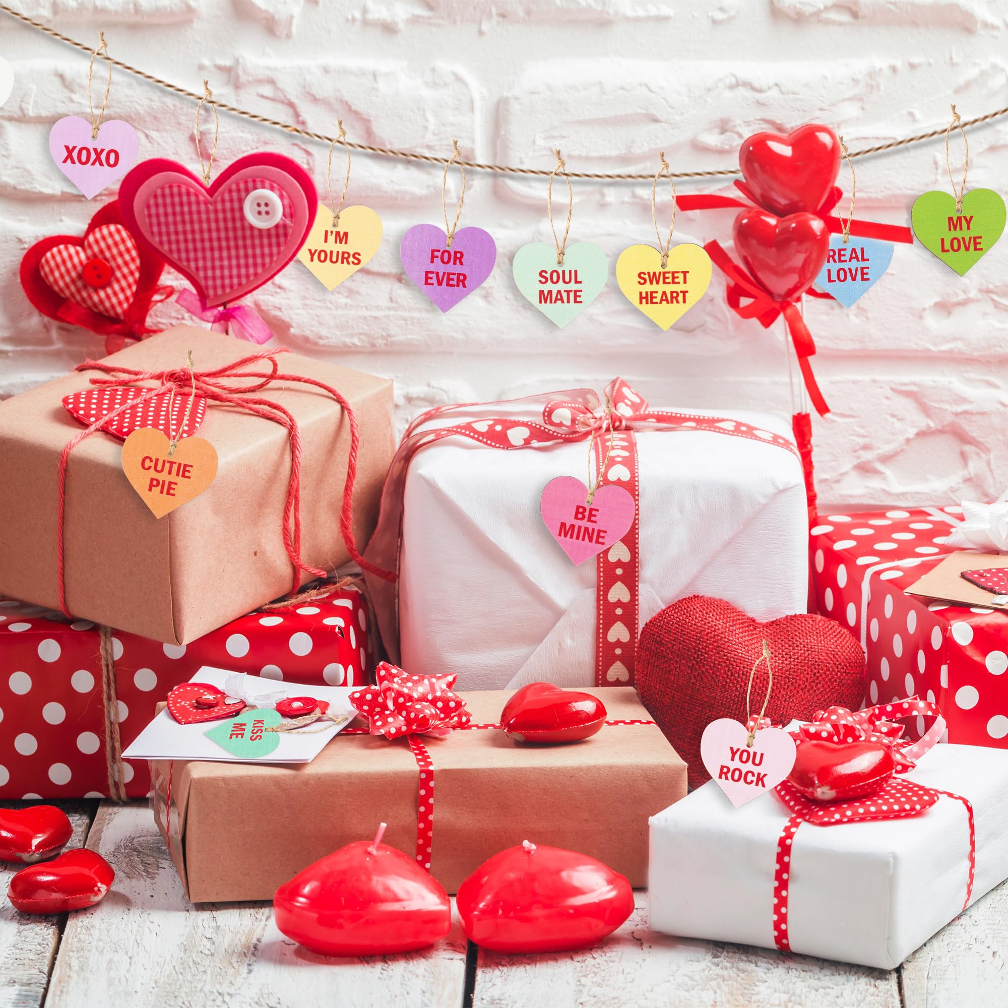 ANGOLIO 37Pcs Valentine's Day Wooden Candy Heart Hanging Ornaments Conversation Heart Hanging Decorations Colorful Love Heart Ornaments for Valentine's Day Wedding Holiday Party Supplies Decor - Image 6