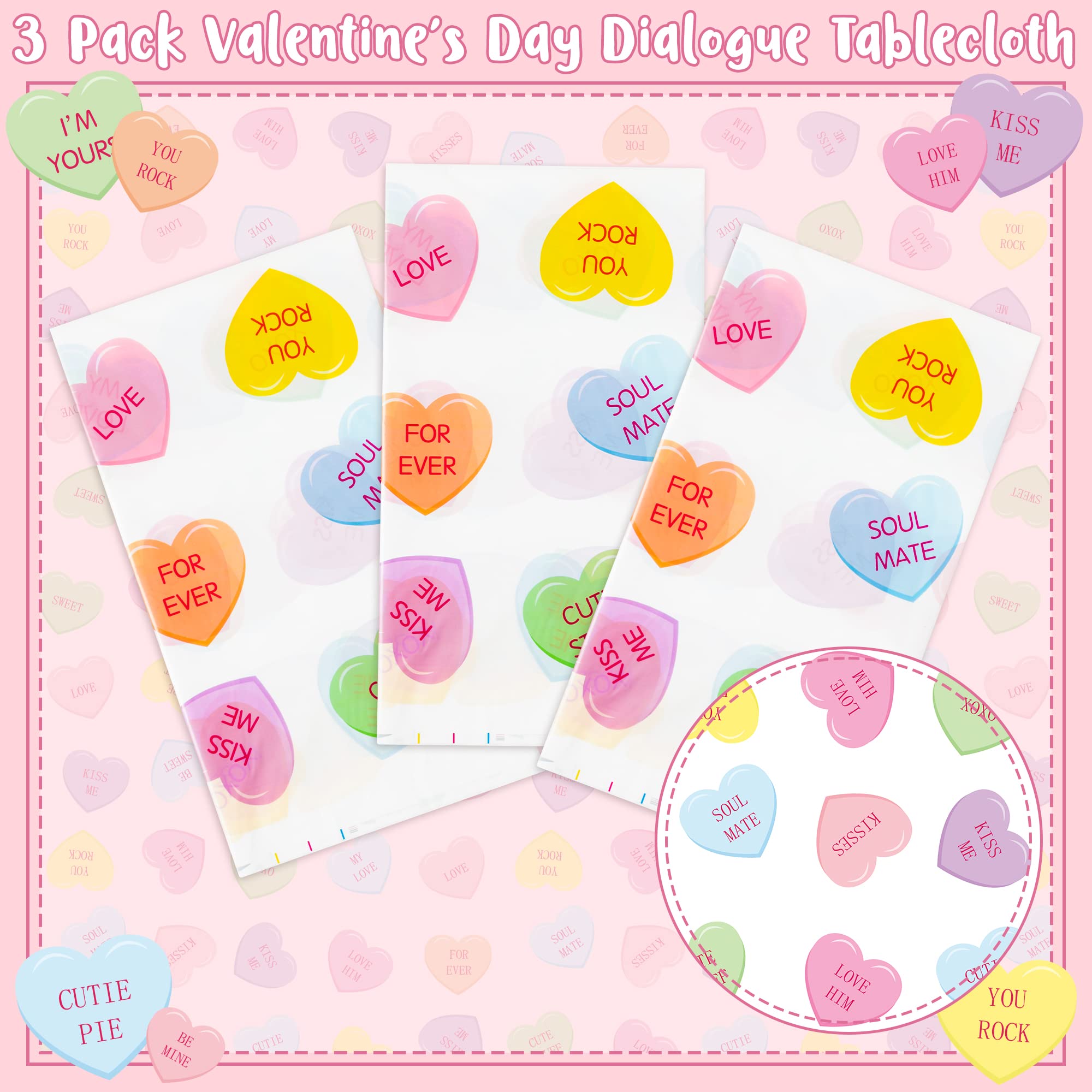 ANGOLIO 3Pieces Valentine's Day Conversation Heart Disposable Tablecloth, Plastic Rectangle Waterproof Heart Party Table Covers, Birthday Party Supplies Favors for Kitchen Dining Picnic Decoration - Image 3