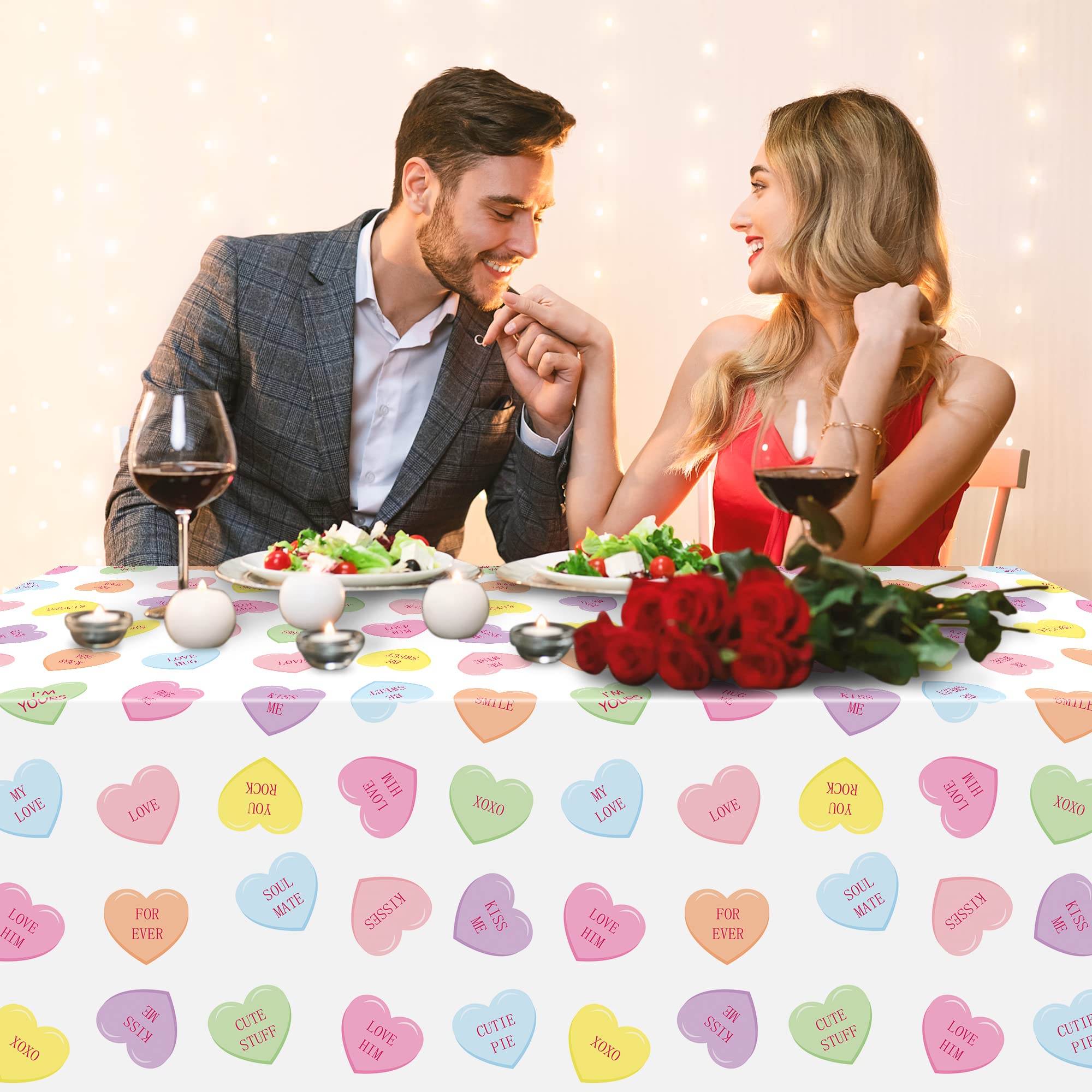 ANGOLIO 3Pieces Valentine's Day Conversation Heart Disposable Tablecloth, Plastic Rectangle Waterproof Heart Party Table Covers, Birthday Party Supplies Favors for Kitchen Dining Picnic Decoration - Image 5