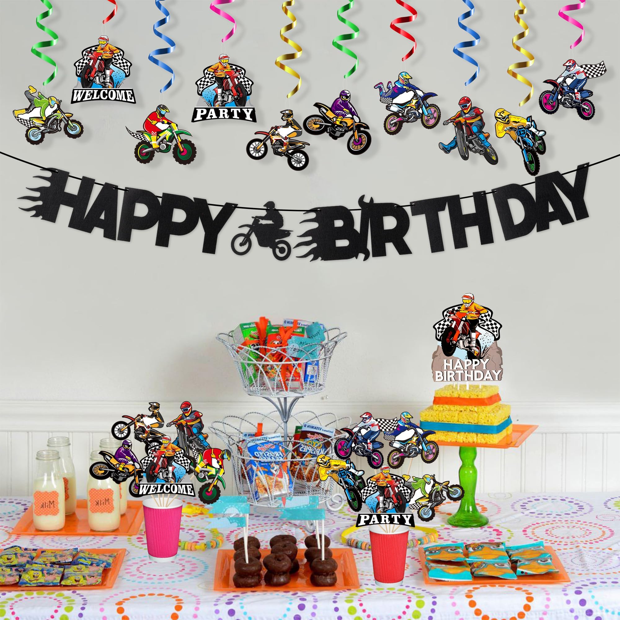 ANGOLIO 42Pcs Motocross Party Decorations Kits - Dirt Bike Birthday Decorations with Banner Cake Topper Hanging Swirls, Welcome Spring Summer Pary Favors Birthday Centerpieces for Adult Men Boy Gift - Image 4