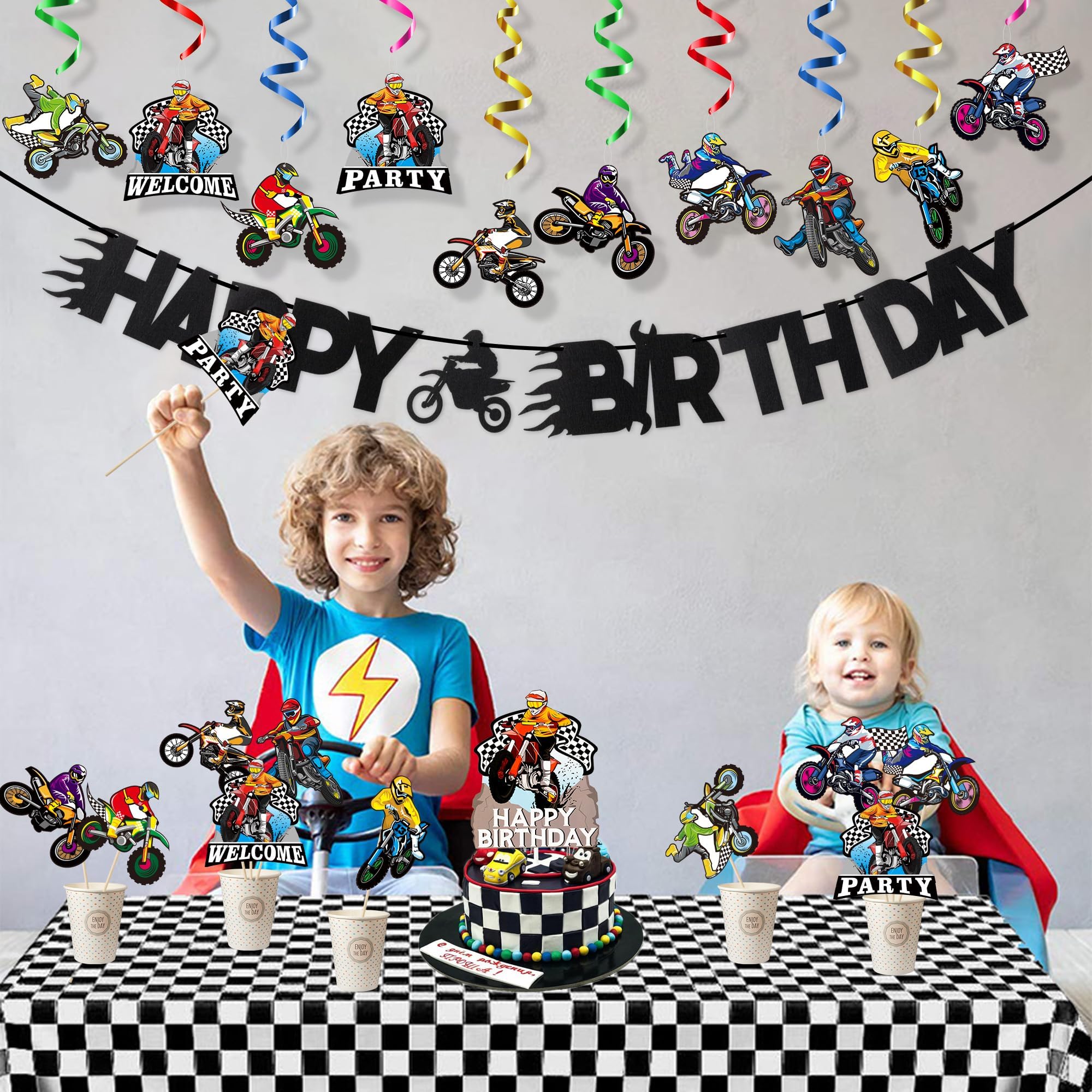 ANGOLIO 42Pcs Motocross Party Decorations Kits - Dirt Bike Birthday Decorations with Banner Cake Topper Hanging Swirls, Welcome Spring Summer Pary Favors Birthday Centerpieces for Adult Men Boy Gift - Image 5