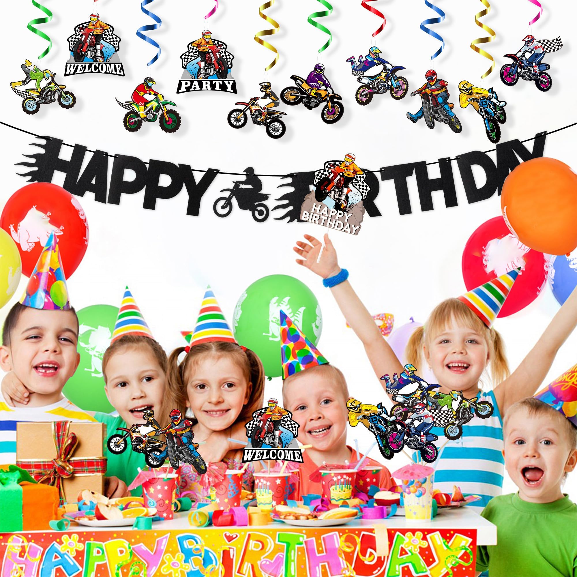 ANGOLIO 42Pcs Motocross Party Decorations Kits - Dirt Bike Birthday Decorations with Banner Cake Topper Hanging Swirls, Welcome Spring Summer Pary Favors Birthday Centerpieces for Adult Men Boy Gift - Image 6