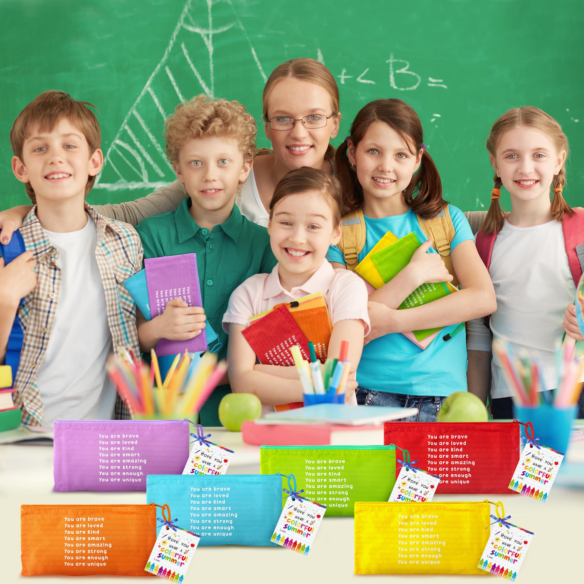 ANGOLIO 50Pcs End of Year Student Gift Includes Motivational Rainbow Pencils Pouch with Gift Inspirational Cards Hope You Have a Colorful Summer and Ribbons Stationary for Students Gifts Supplies - Image 5