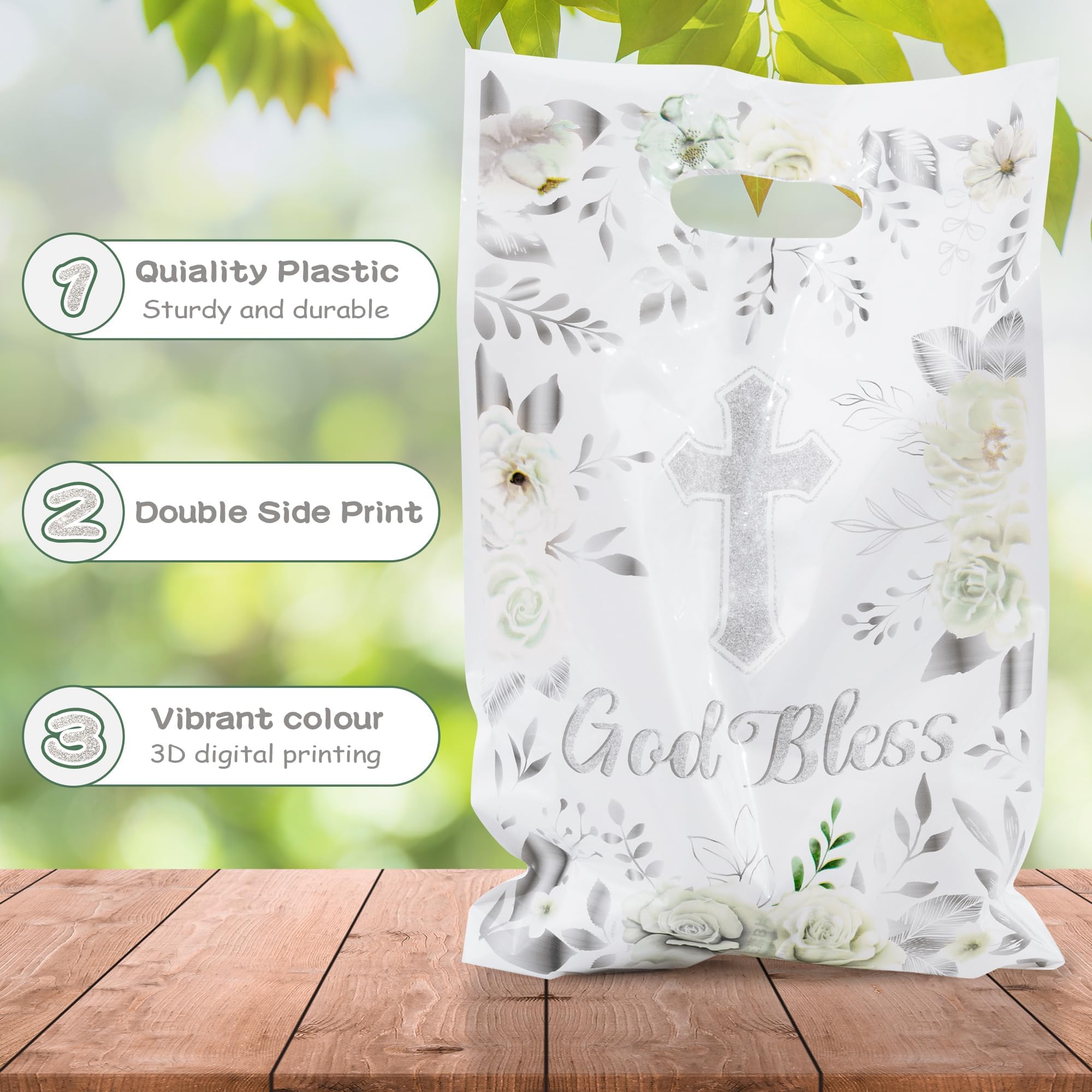 ANGOLIO 50Pcs First Communion Party Favor Bags - Silver White Cross Floral Design Treat Bags with Handles for Candy, Baptism & Religious Celebrations - Image 3