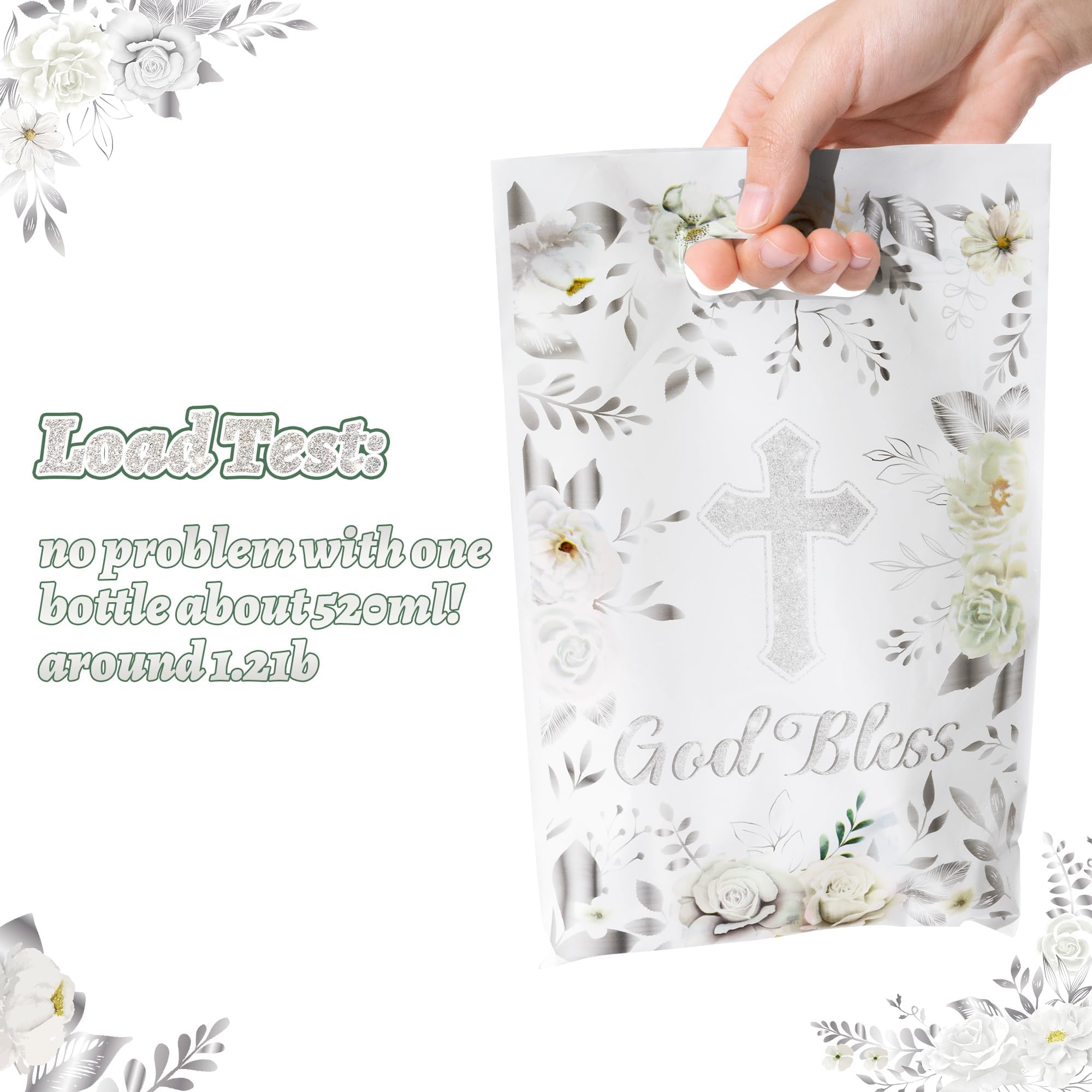 ANGOLIO 50Pcs First Communion Party Favor Bags - Silver White Cross Floral Design Treat Bags with Handles for Candy, Baptism & Religious Celebrations - Image 4
